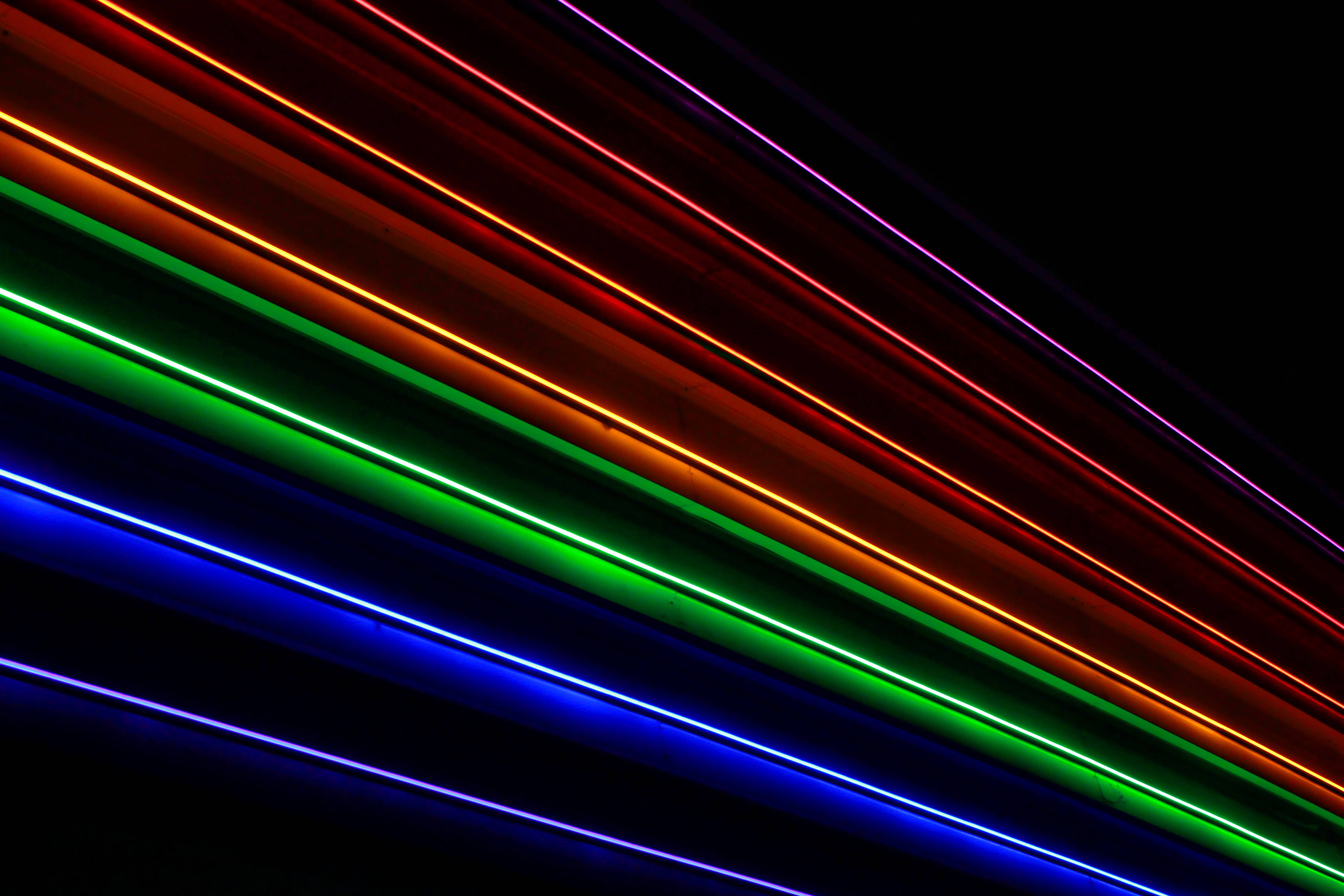 neon rainbow dark stripes, diagonal streaks, neon light, 4K Desktop Wallpaper