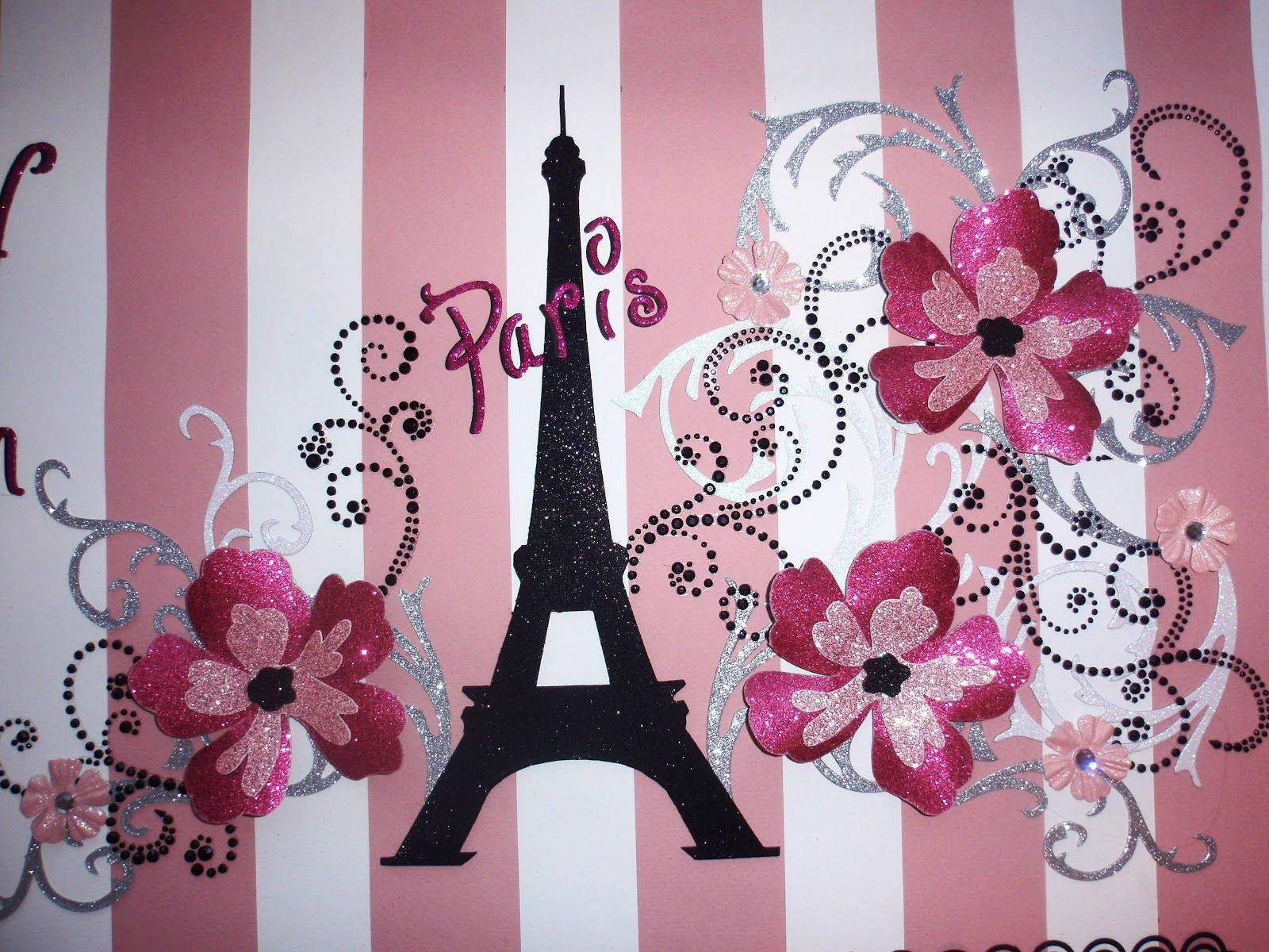 Pink Paris Stripes Background, glittery black Eiffel Tower silhouette, pink flowers, HD Desktop Wallpaper