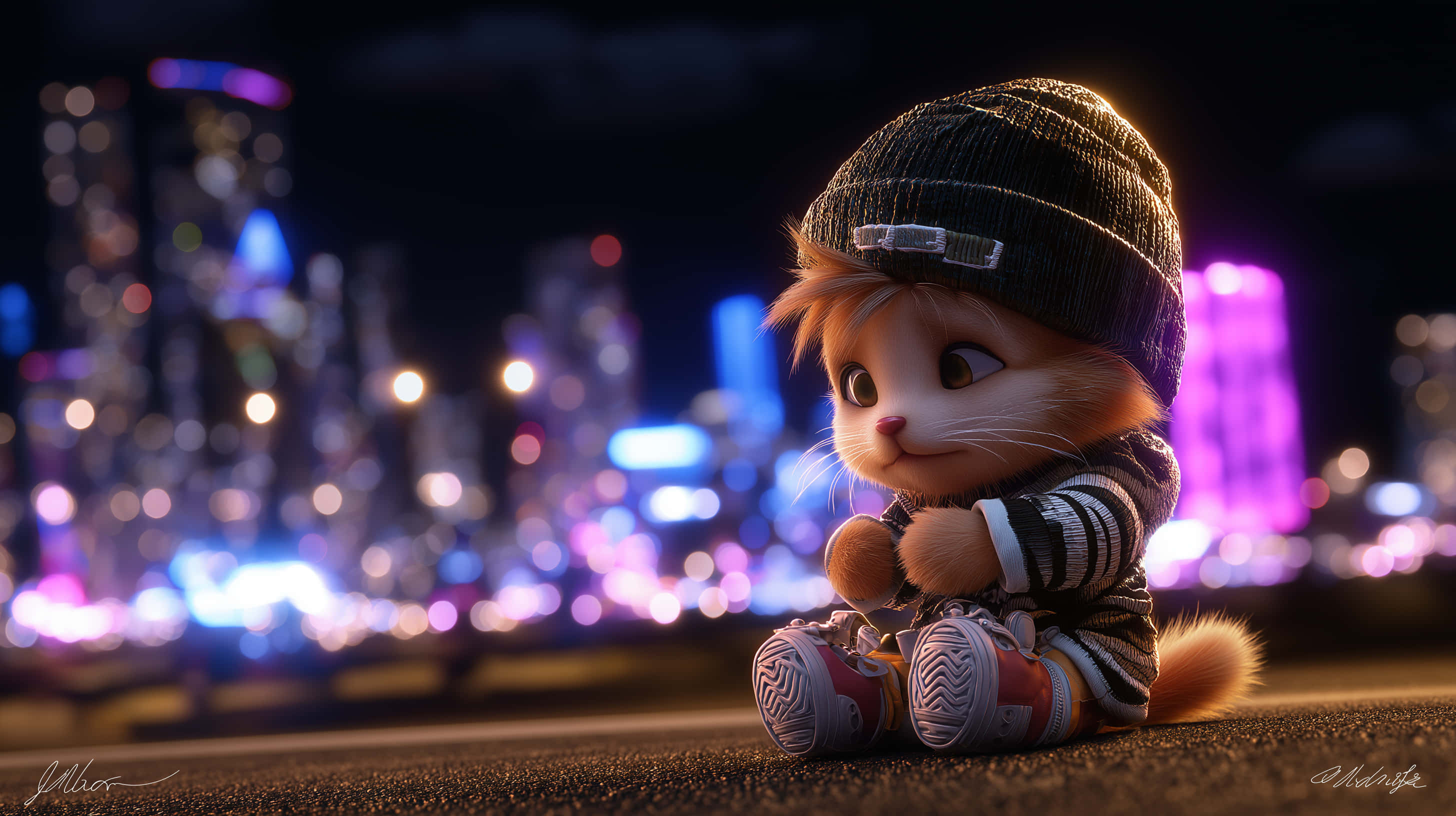 cute cat in beanie, urban night scene, city lights, 2K Desktop Wallpaper
