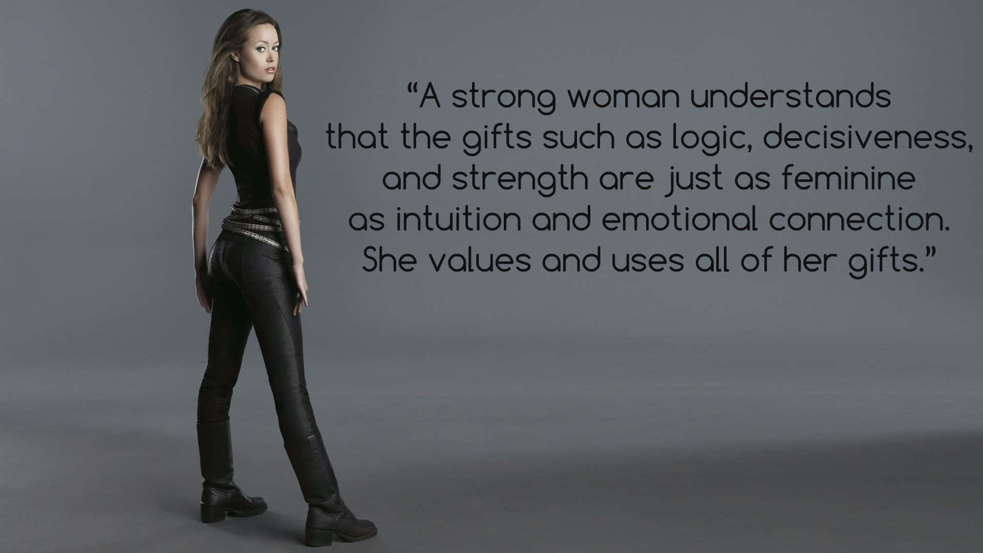 Strong Woman, black leather, gray backdrop, Full HD Desktop Wallpaper
