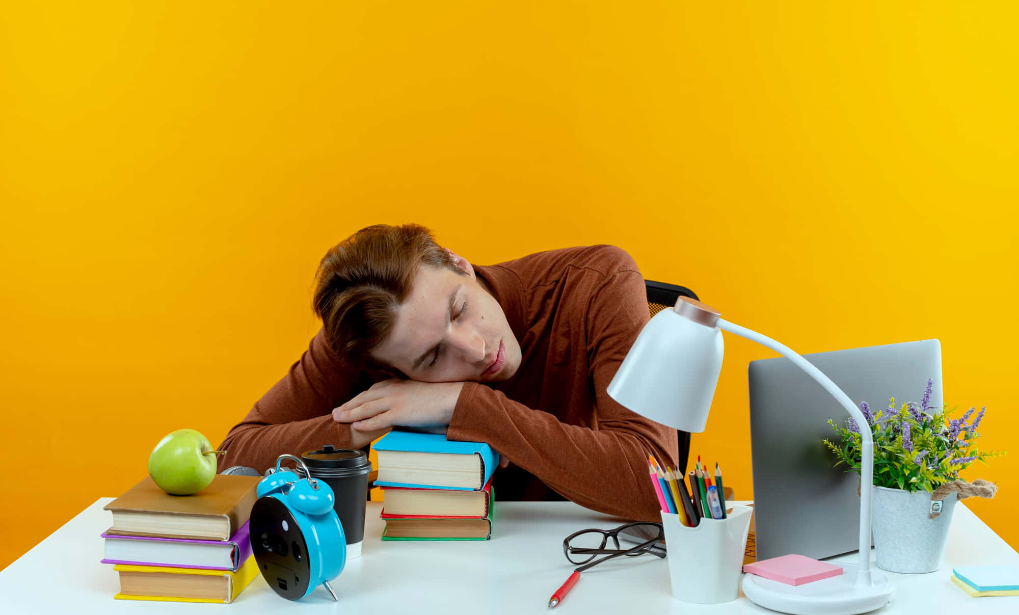 tired student, cluttered desk, books, Full HD Desktop Wallpaper
