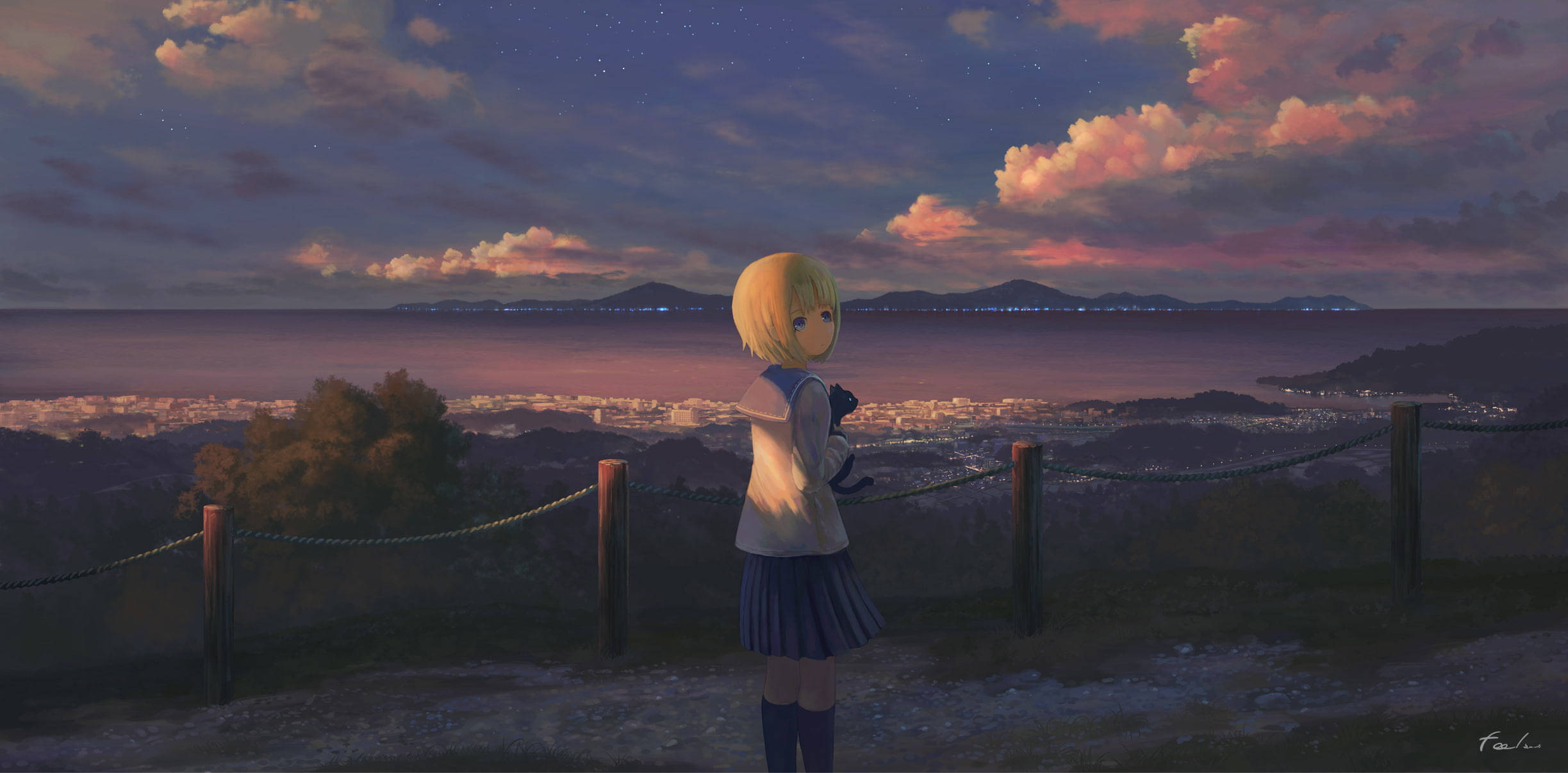 blonde anime girl, school uniform, cityscape, Full HD Desktop Wallpaper