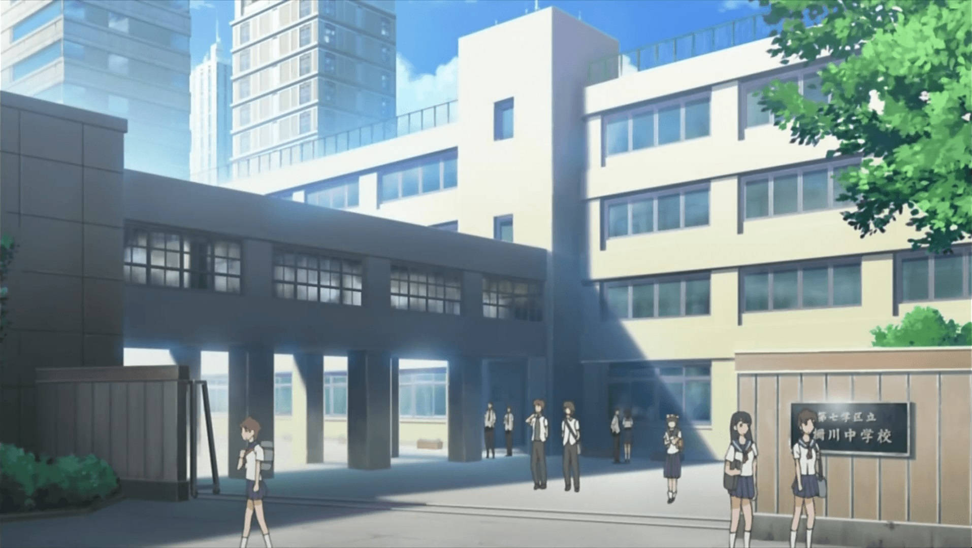 anime school scenery, students in uniforms, modern school building, HD Desktop Wallpaper