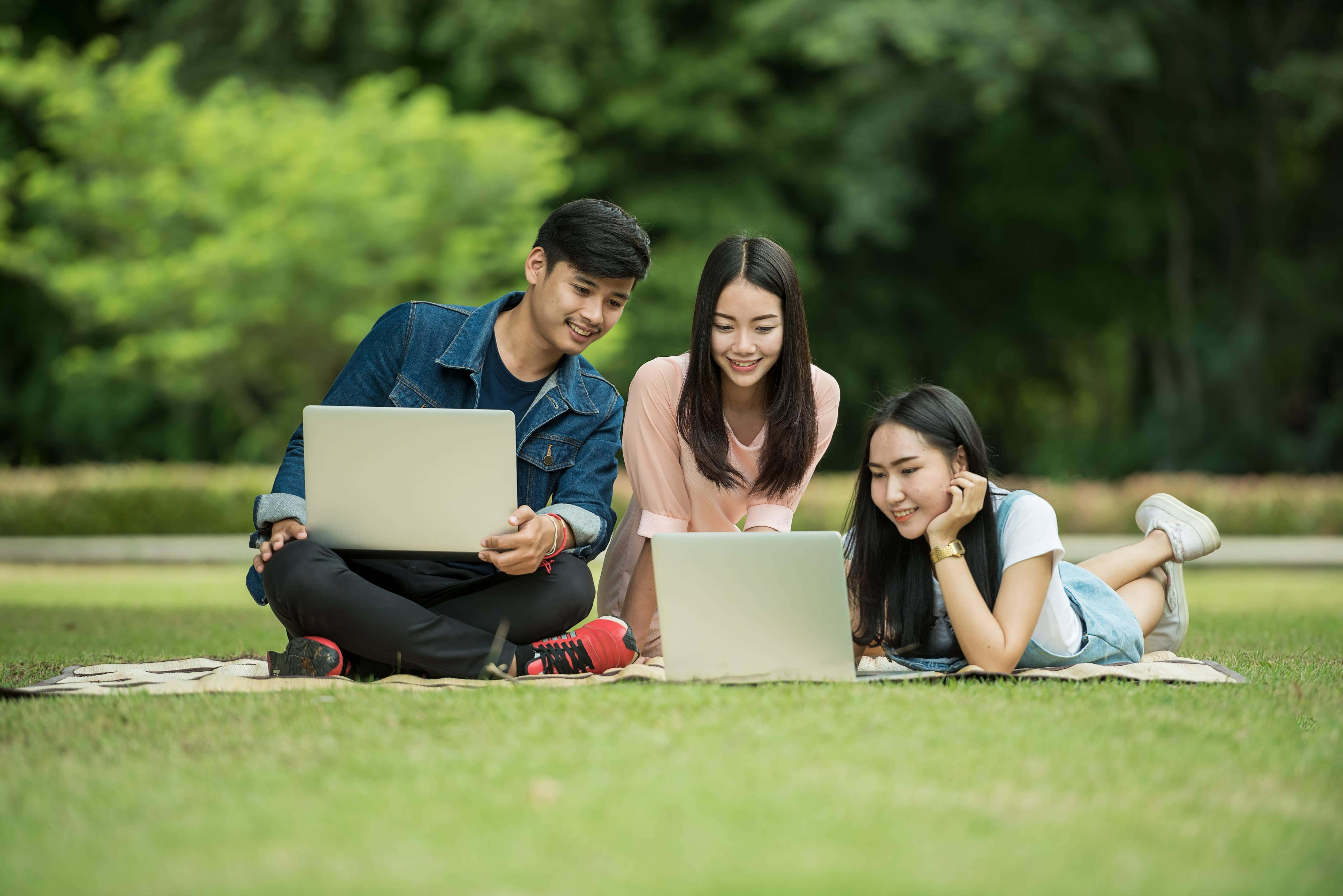students, laptops, grassy park blanket, 4K Desktop Wallpaper