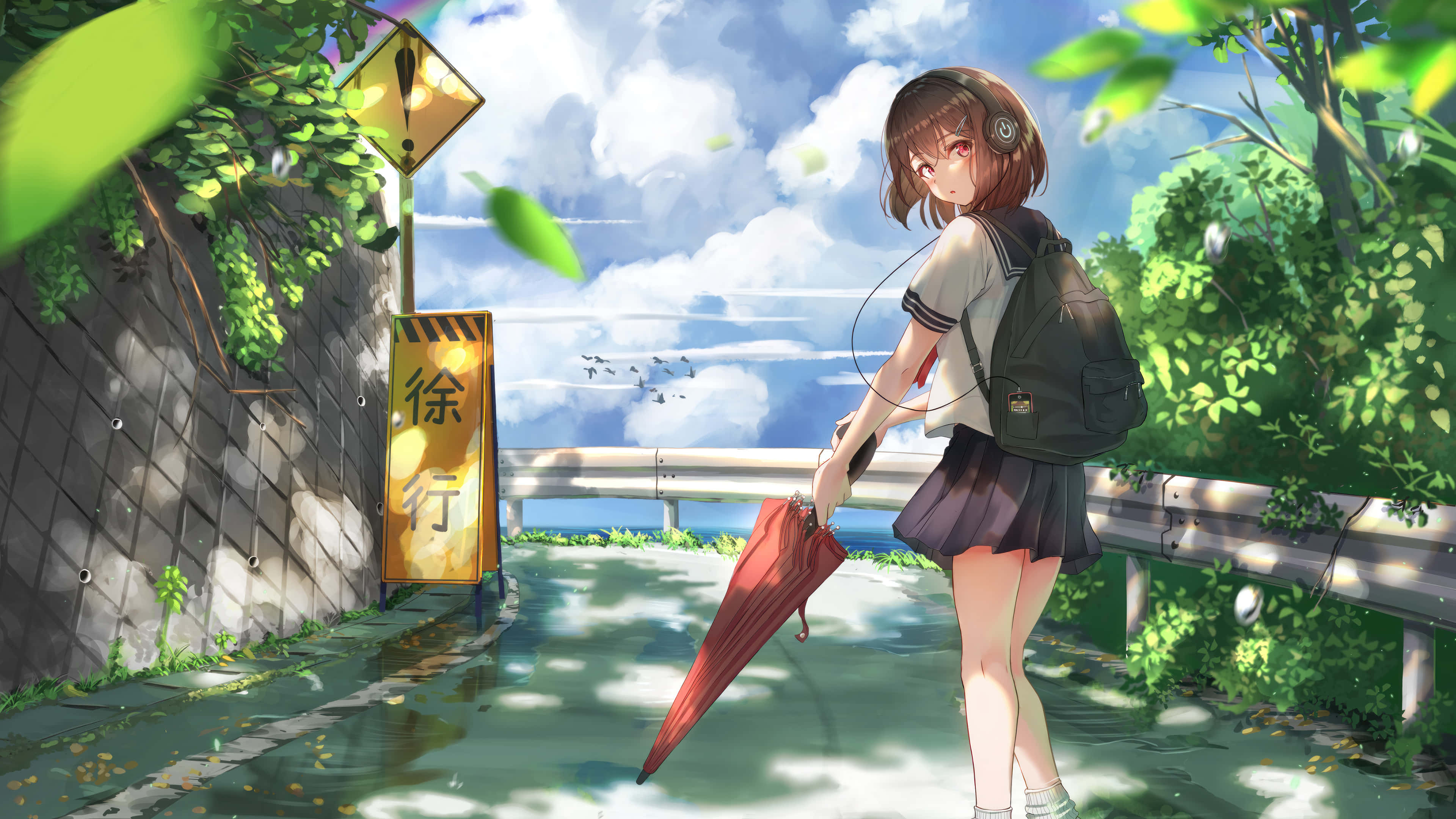 school uniform, red umbrella, sunlit wet sidewalk, 4K Desktop Wallpaper