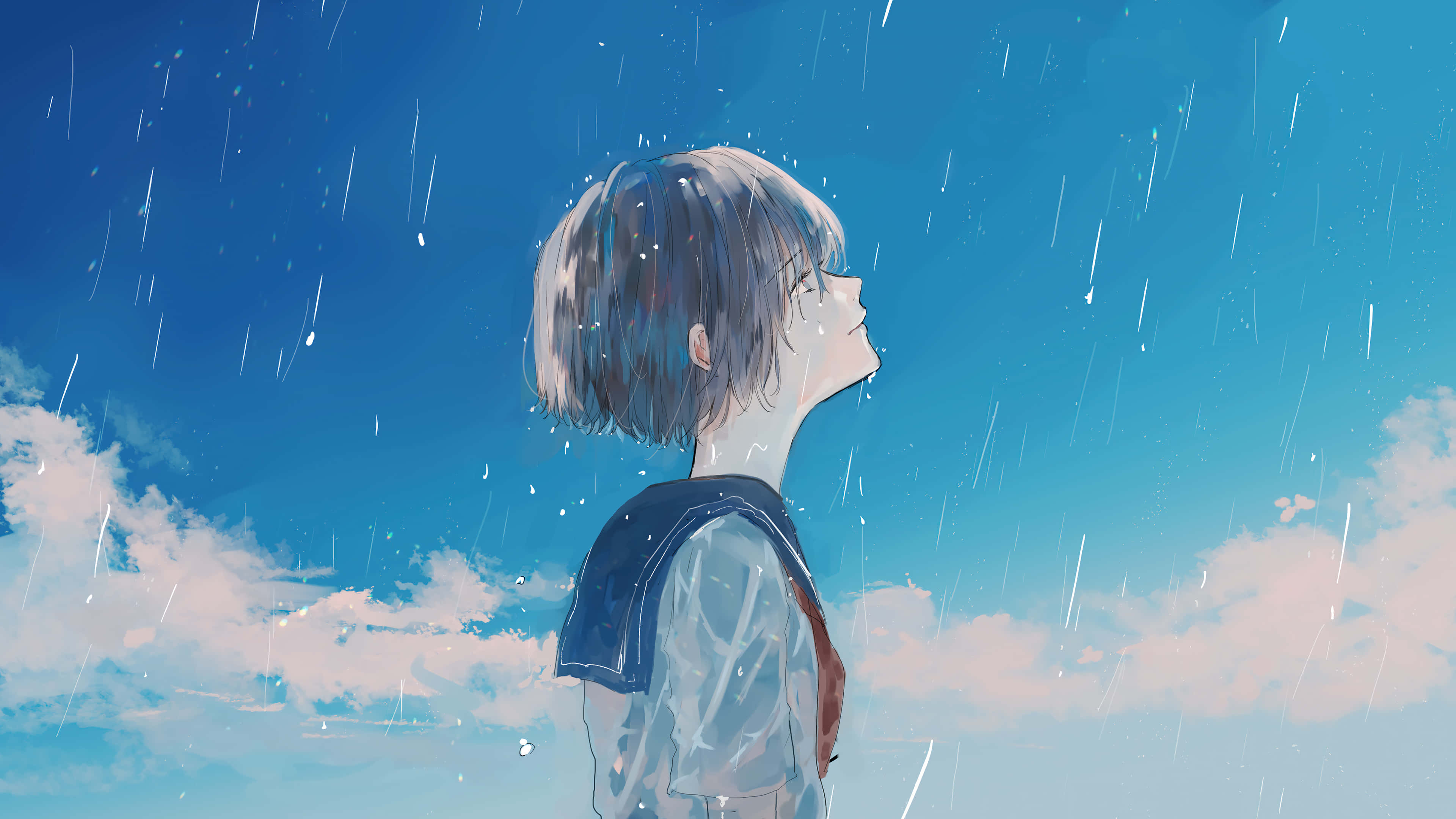 Contemplative Studentin Rain, anime character, short hair, 4K Desktop Wallpaper