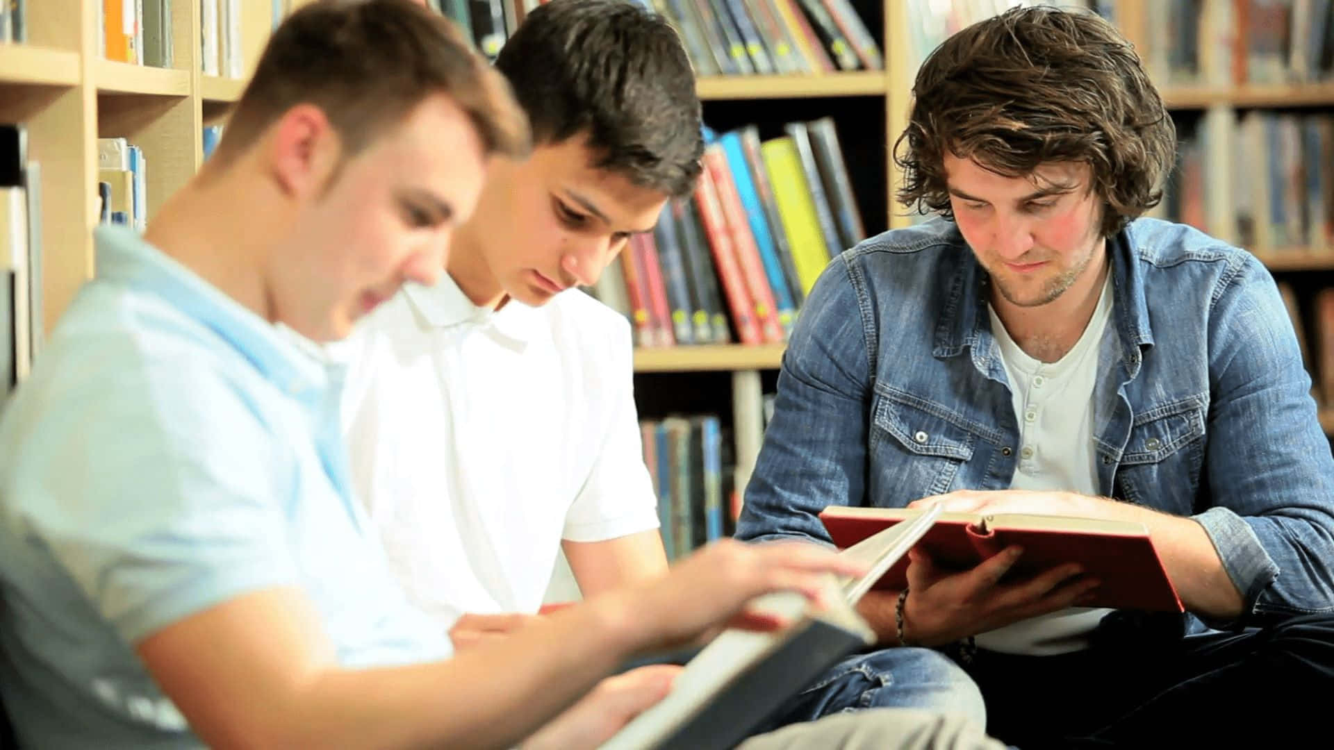 students, library, wooden shelves, Full HD Desktop Wallpaper