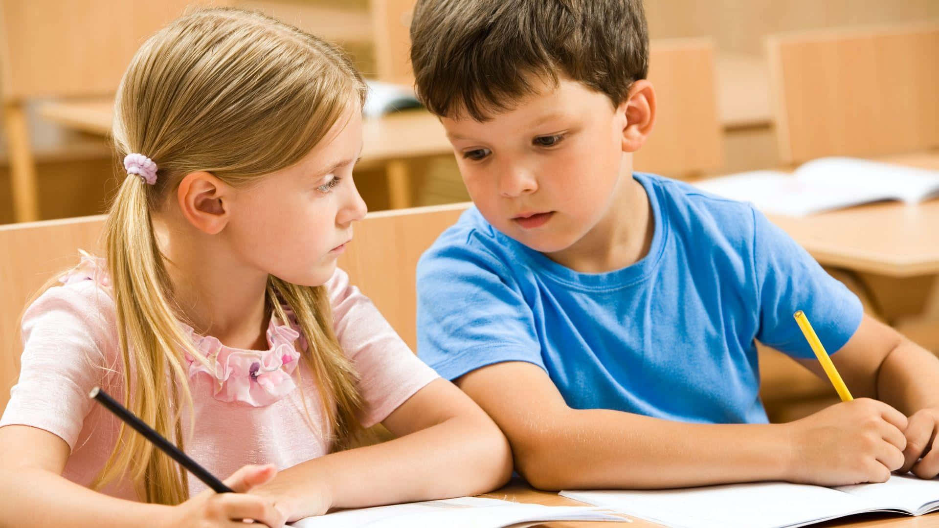young students, wooden desk, notebooks, Full HD Desktop Wallpaper