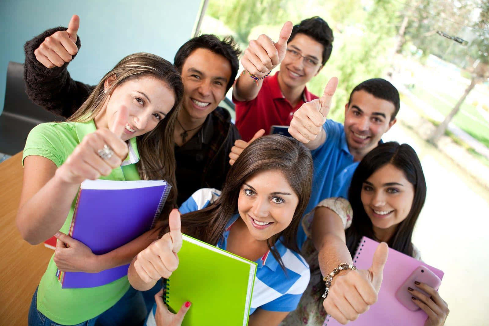students, thumbs up, colorful notebooks, HD Desktop Wallpaper