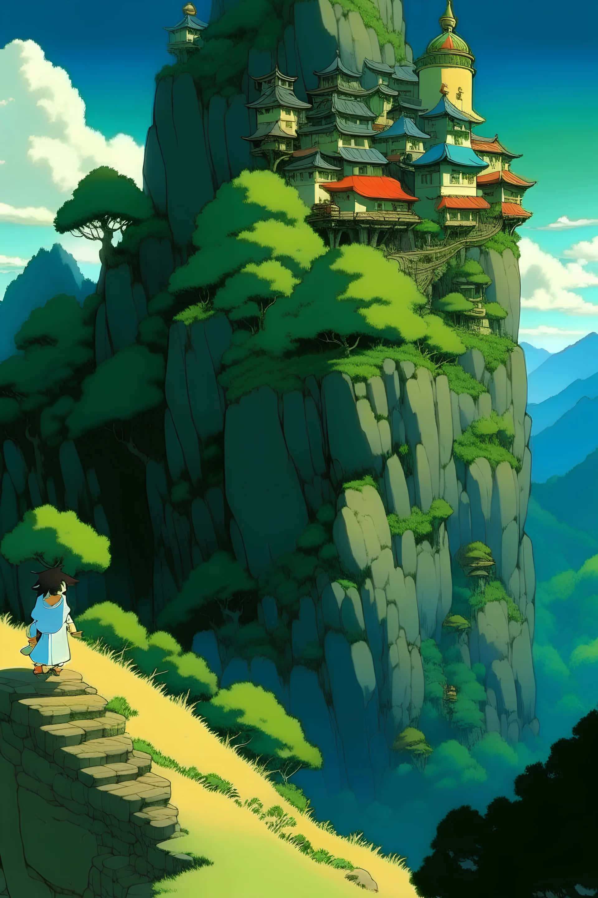 Studio Ghibli, mountain temple, stone steps, 2K Phone Wallpaper
