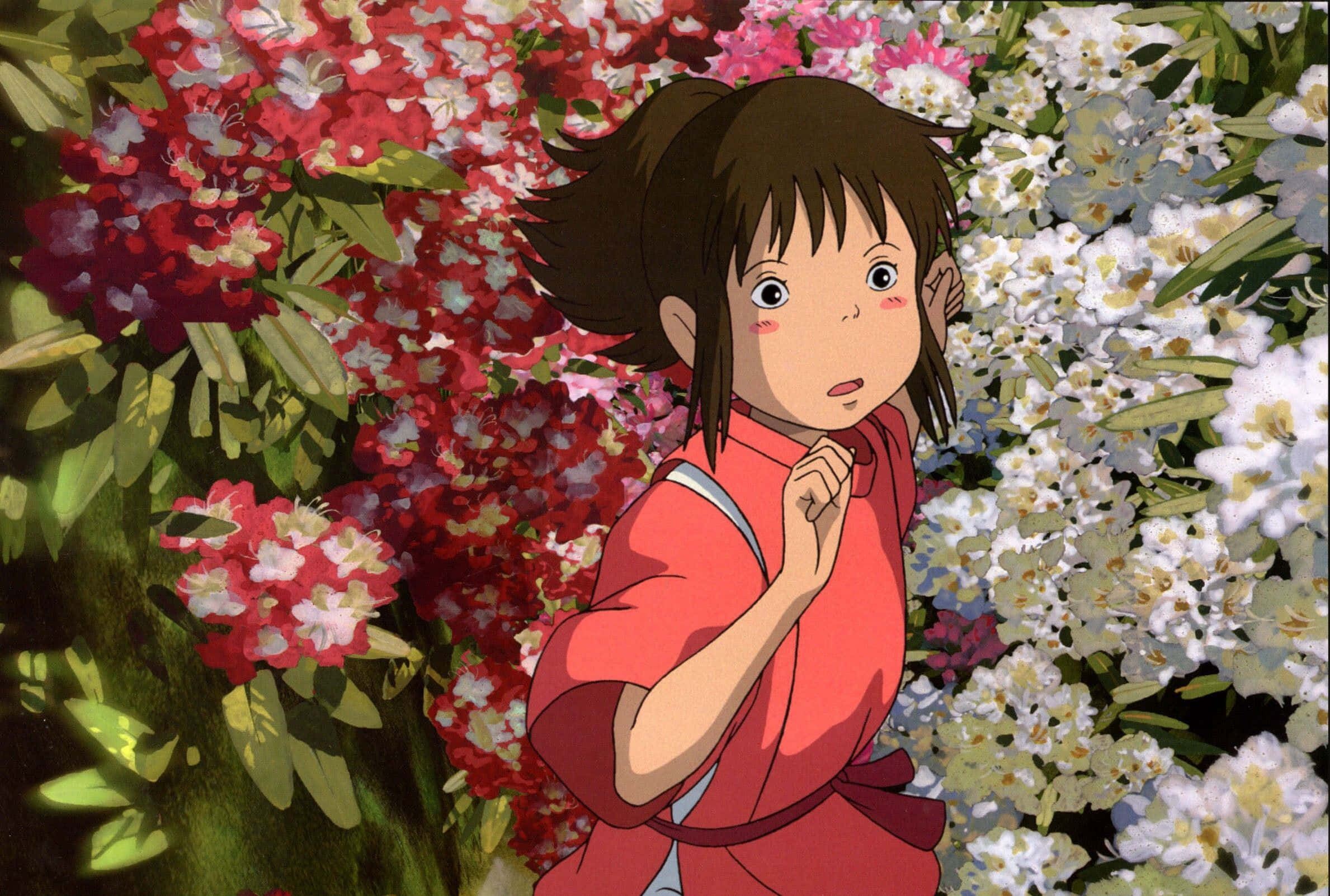 Ghibli Girl, red kimono, vibrant red and white flowering bushes, Full HD Desktop Wallpaper