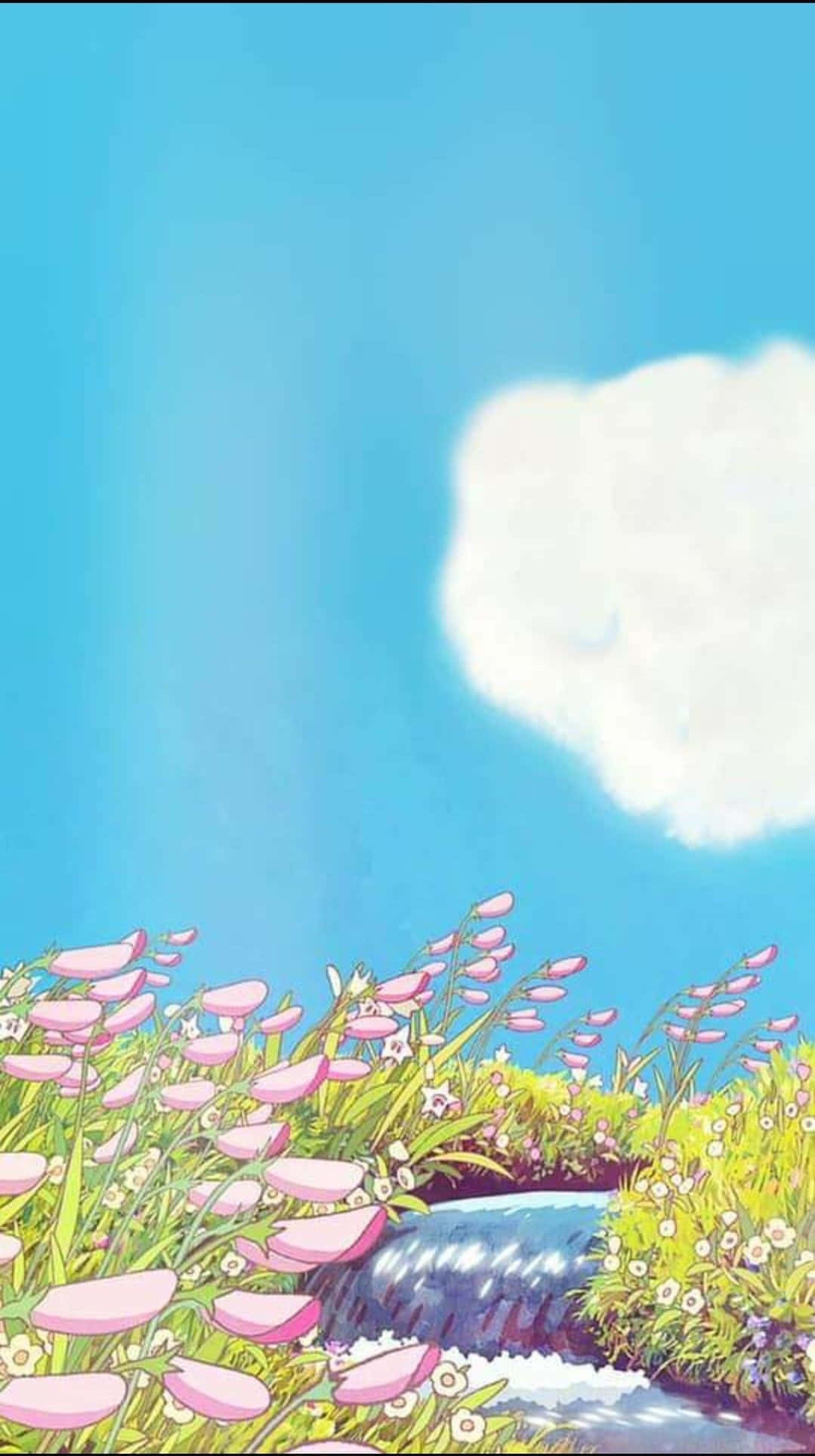 Studio Ghibli, floral sky, pink bellflowers, Full HD Phone Wallpaper