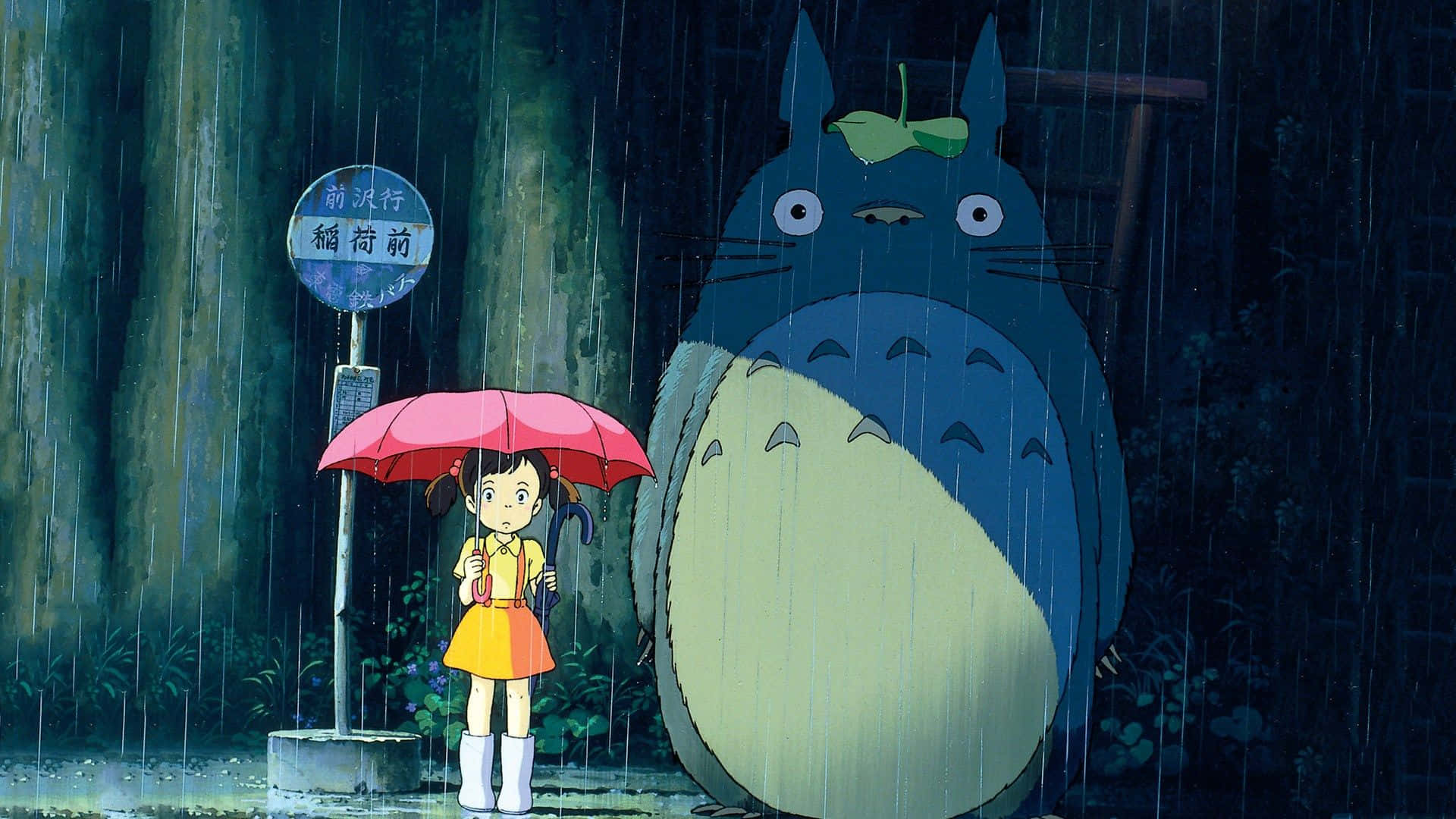 Studio Ghibli, rainy bus stop, yellow dress, Full HD Desktop Wallpaper