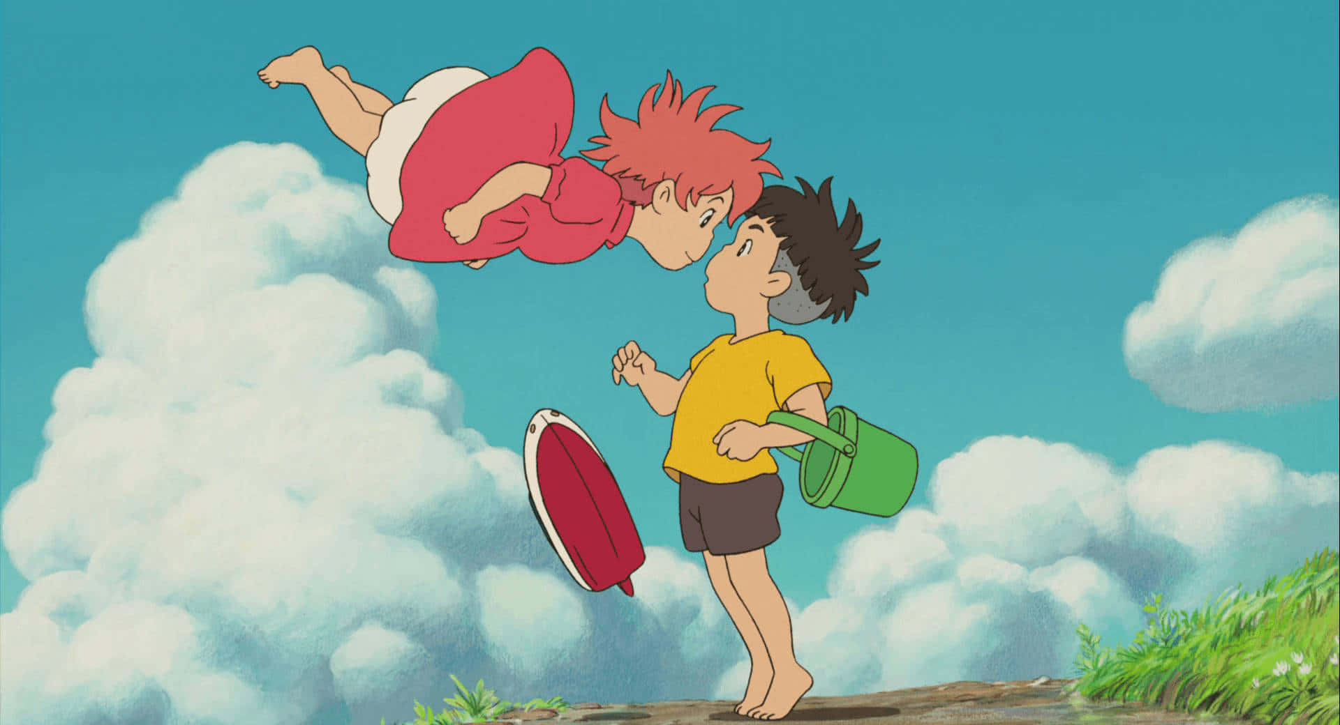 Studio Ghibli, boy in a yellow shirt, red-haired girl in a pink dress, Full HD Desktop Wallpaper