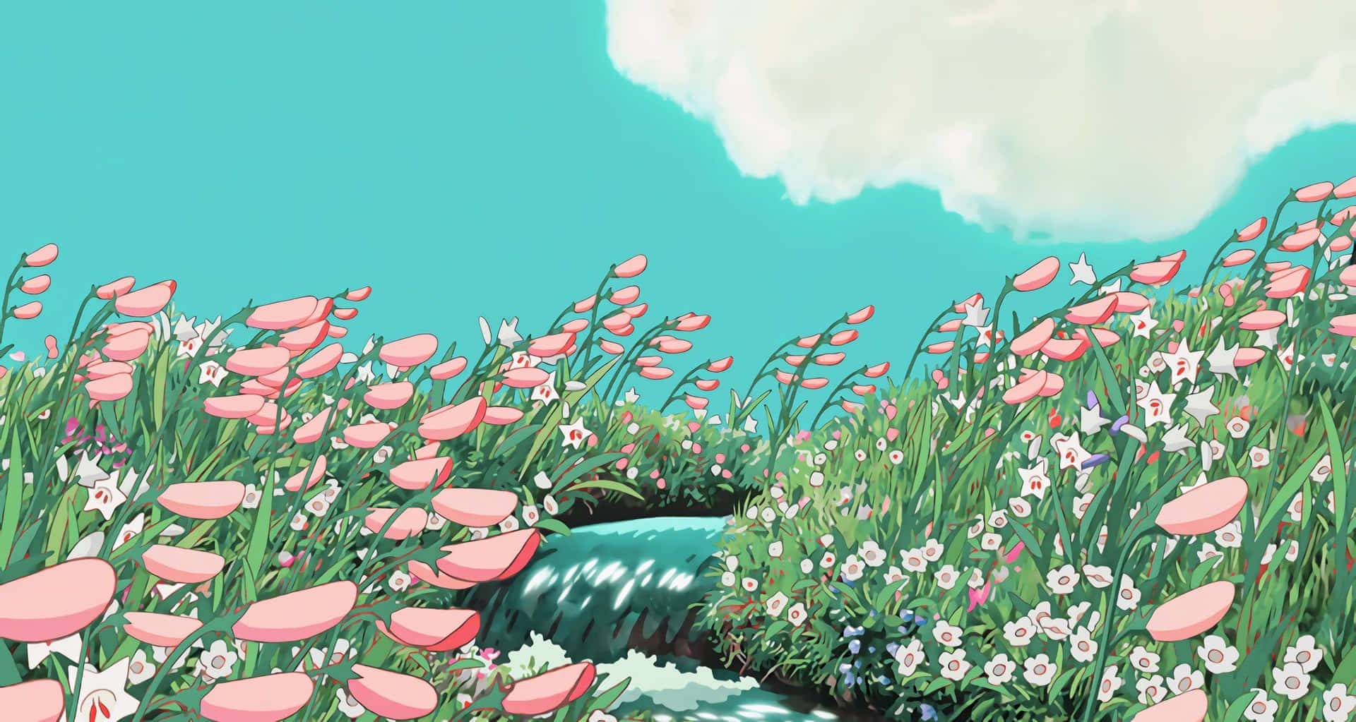 floral meadow, pink and white flowers, winding stream, Full HD Desktop Wallpaper