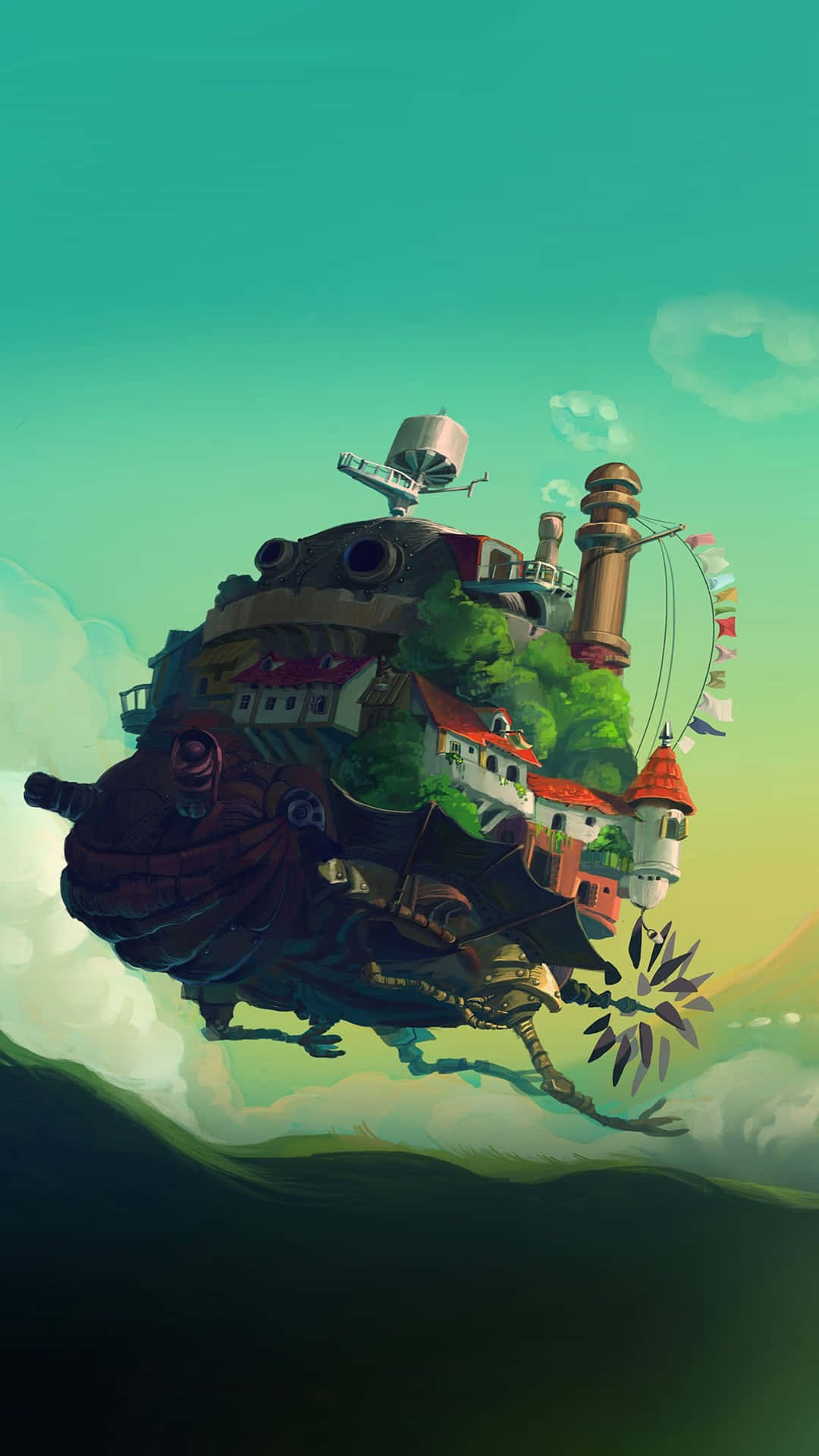 Studio Ghibli Art, floating island village, red-roofed houses, Full HD Phone Wallpaper