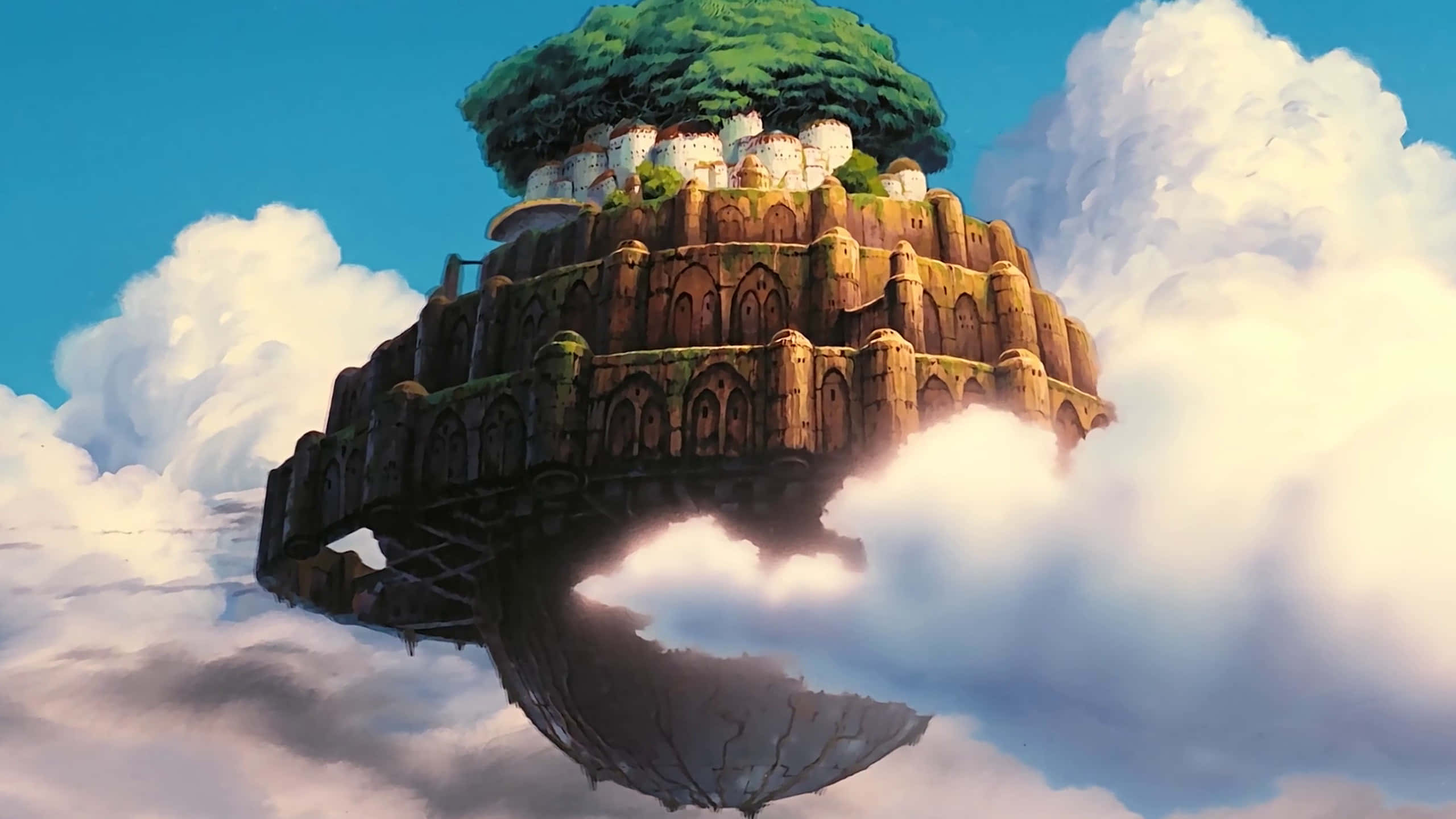 Studio Ghibli Art, floating island fortress, lush green tree crown, 2K Desktop Wallpaper