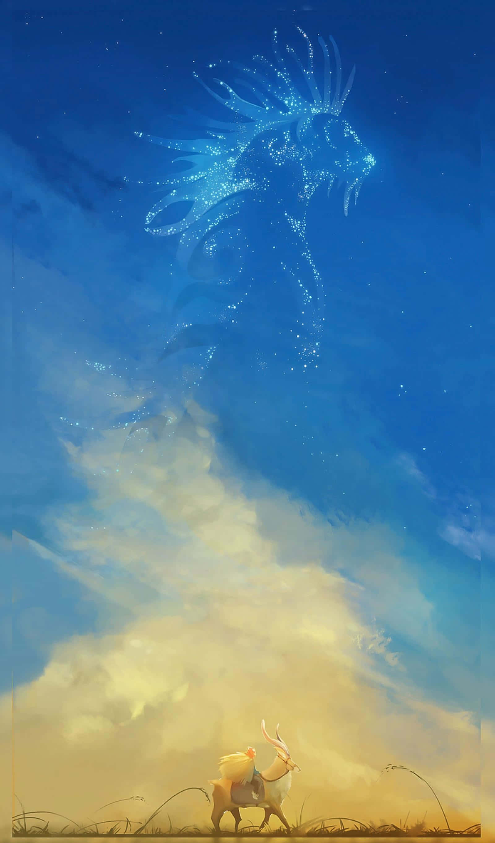 Studio Ghibli Art, glowing blue celestial lion, twilight sky, 2K Phone Wallpaper