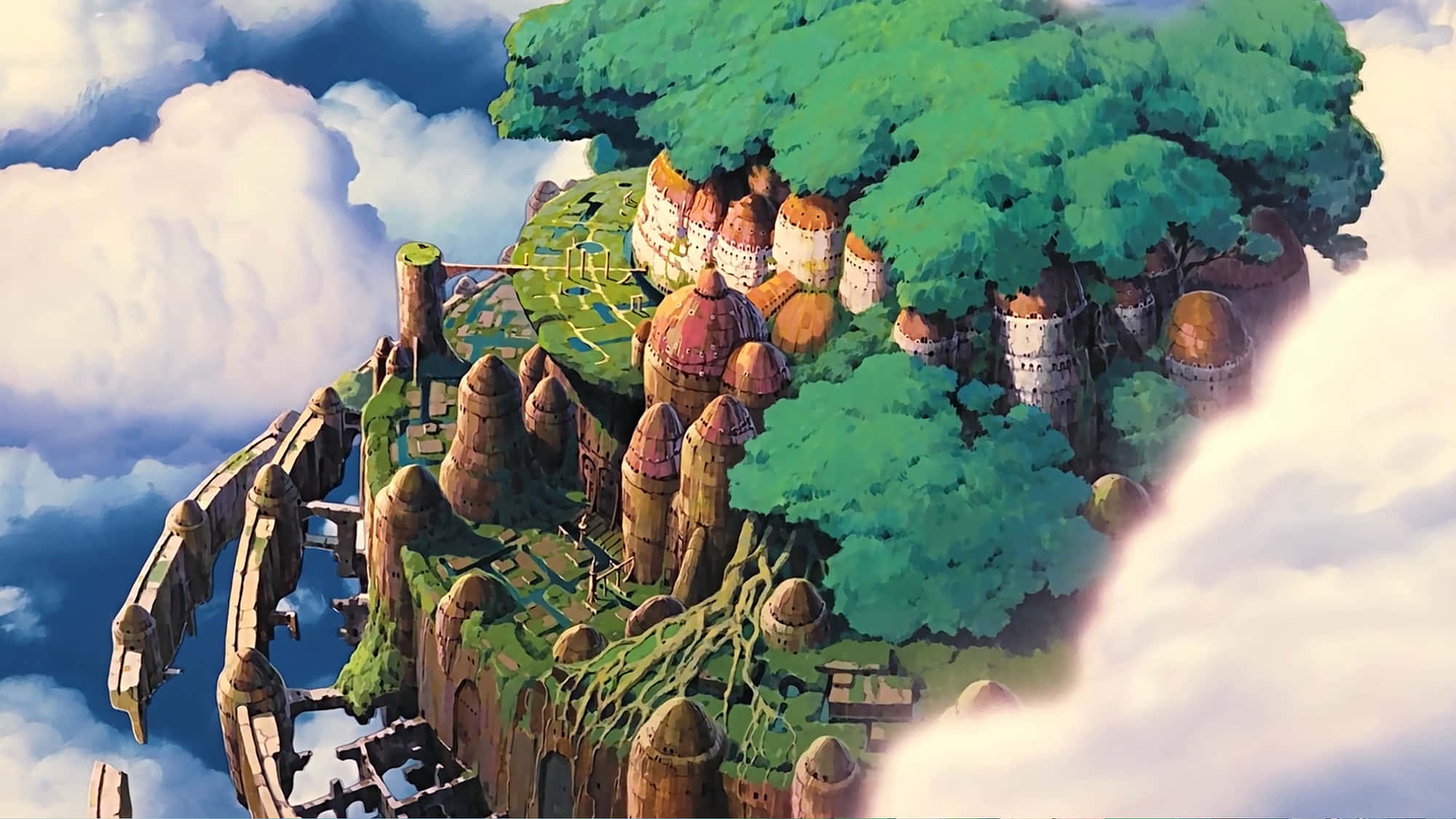 Studio Ghibli Art, floating island village, lush greenery, Full HD Desktop Wallpaper