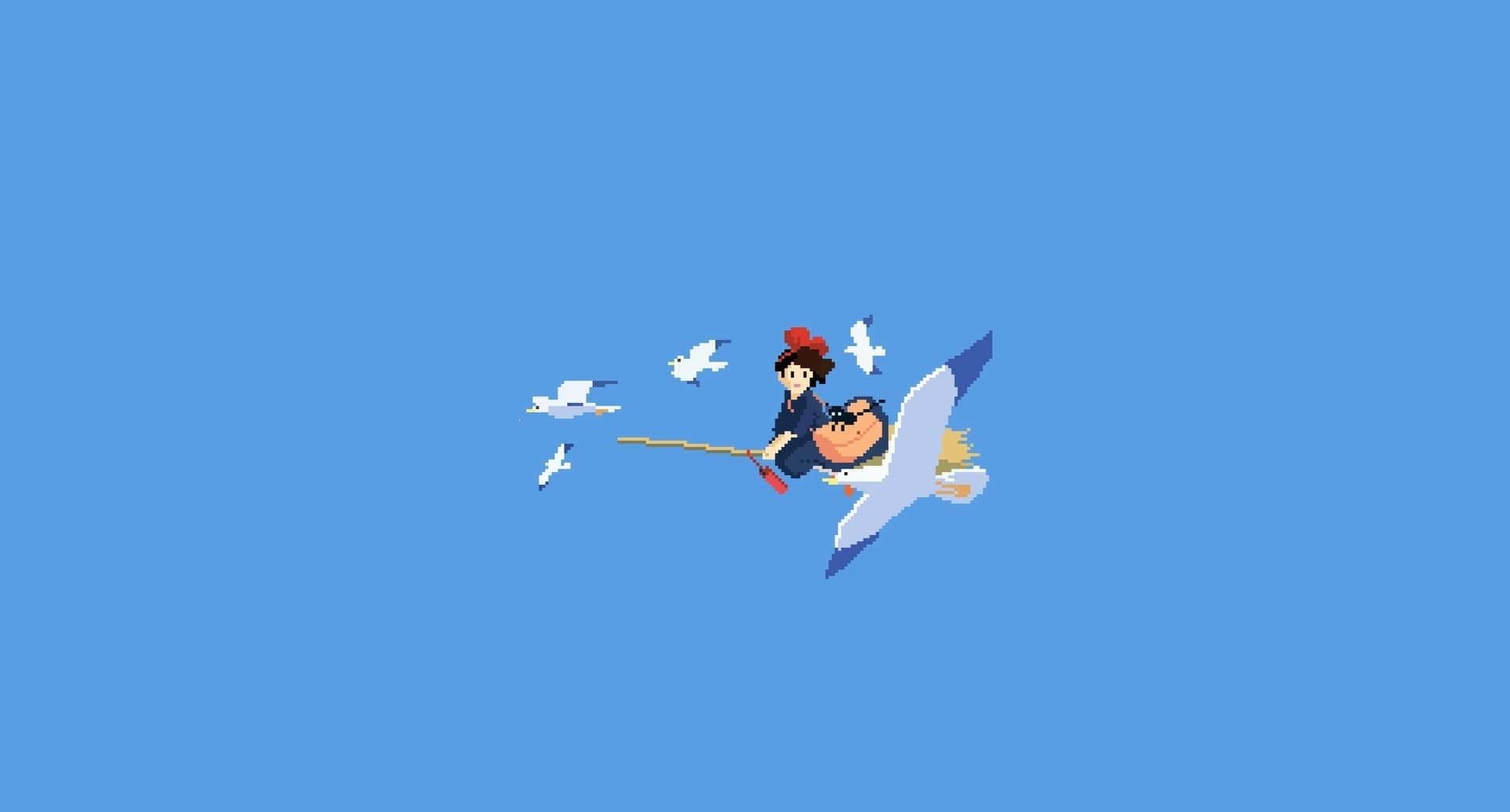 Studio Ghibli, pixel-art witch, broomstick, HD Desktop Wallpaper