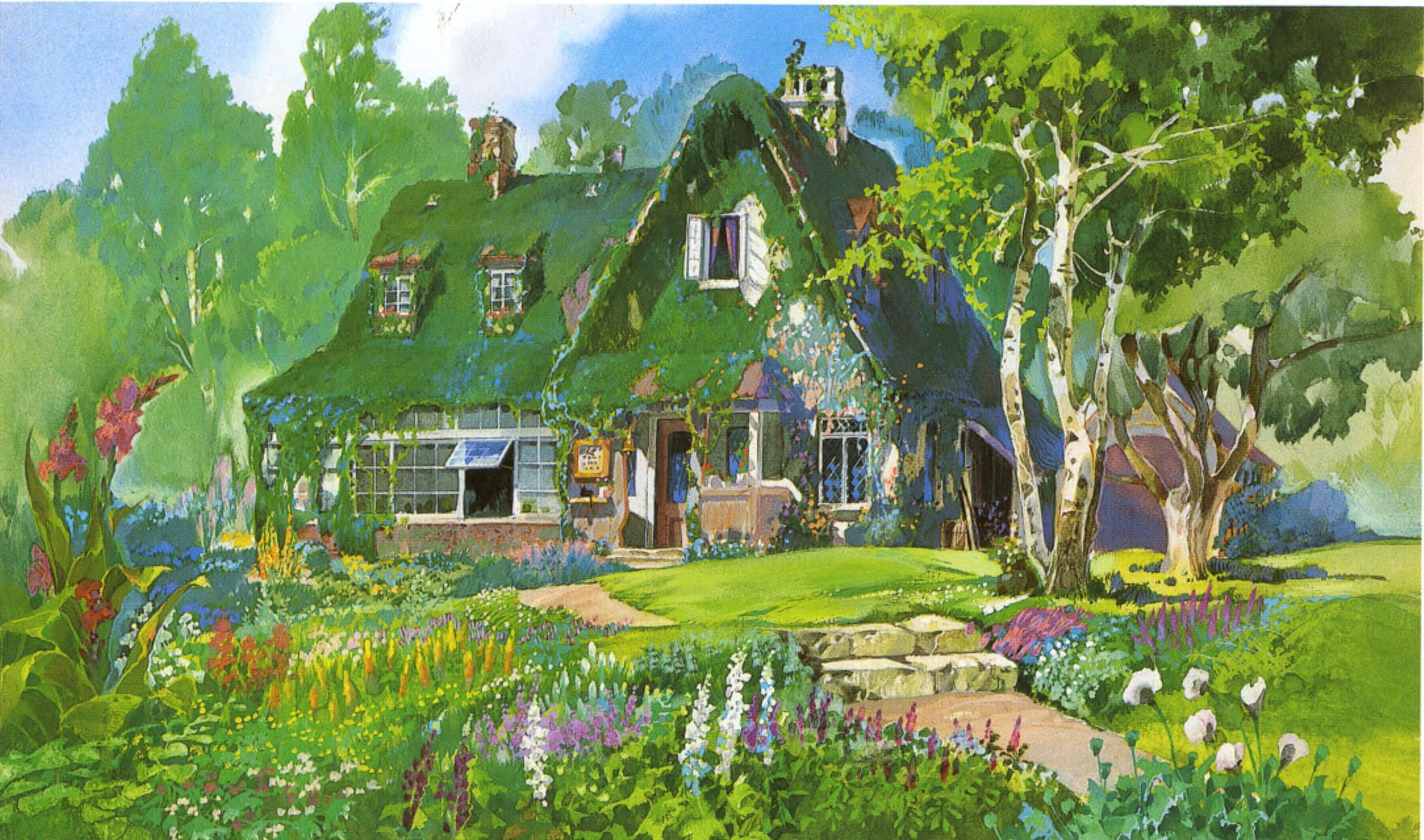 Studio Ghibli art, mossy roof, vibrant garden, Full HD Desktop Wallpaper