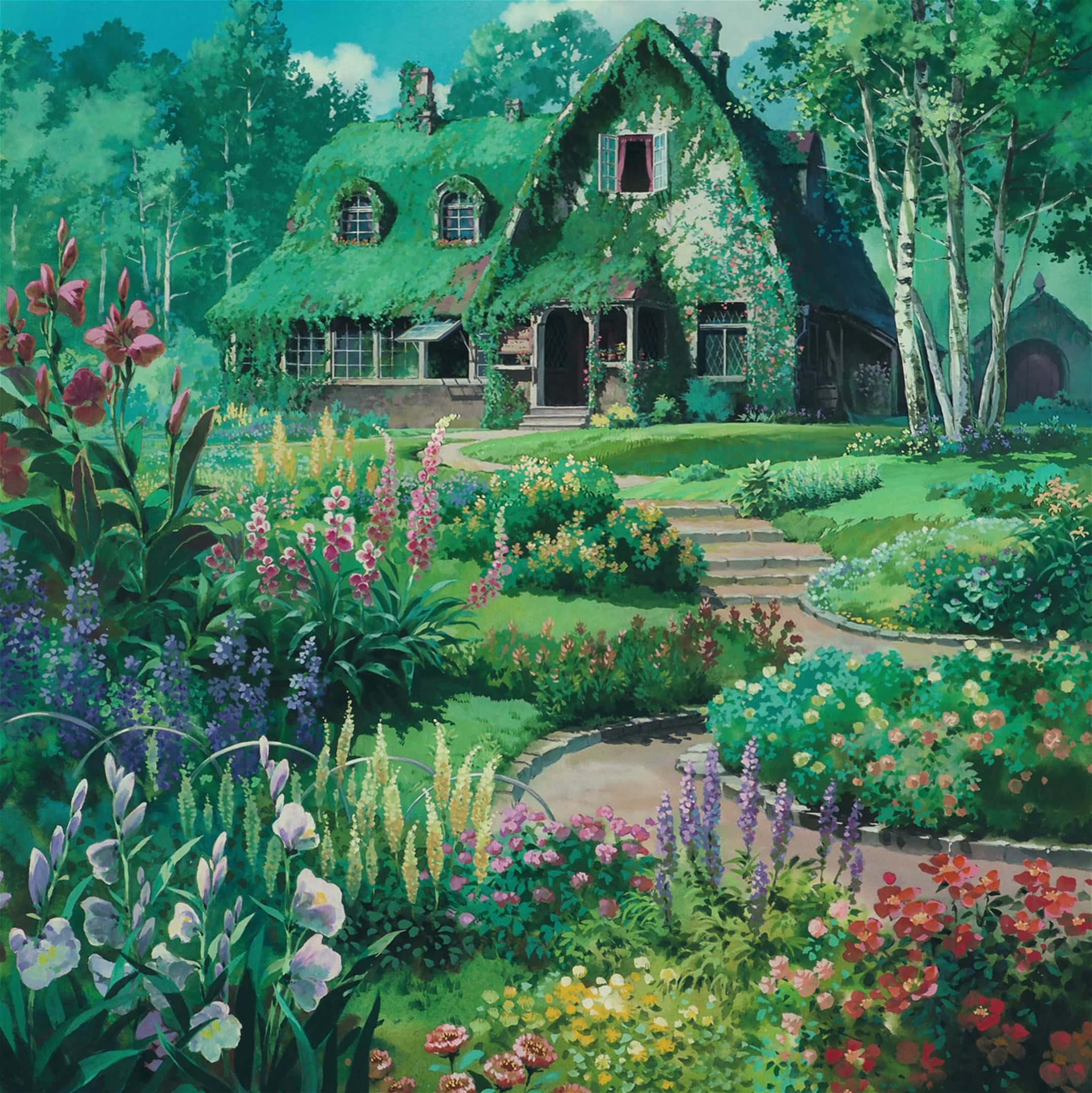 Studio Ghibli, cottage, mossy roof, Full HD Phone Wallpaper