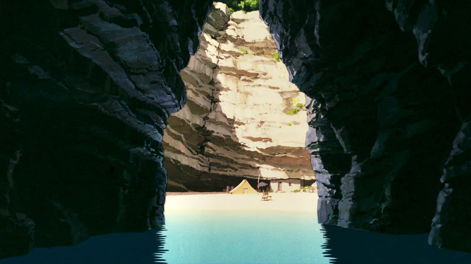 Studio Ghibli, sunlit beach, dark rocky canyon, Full HD Desktop Wallpaper