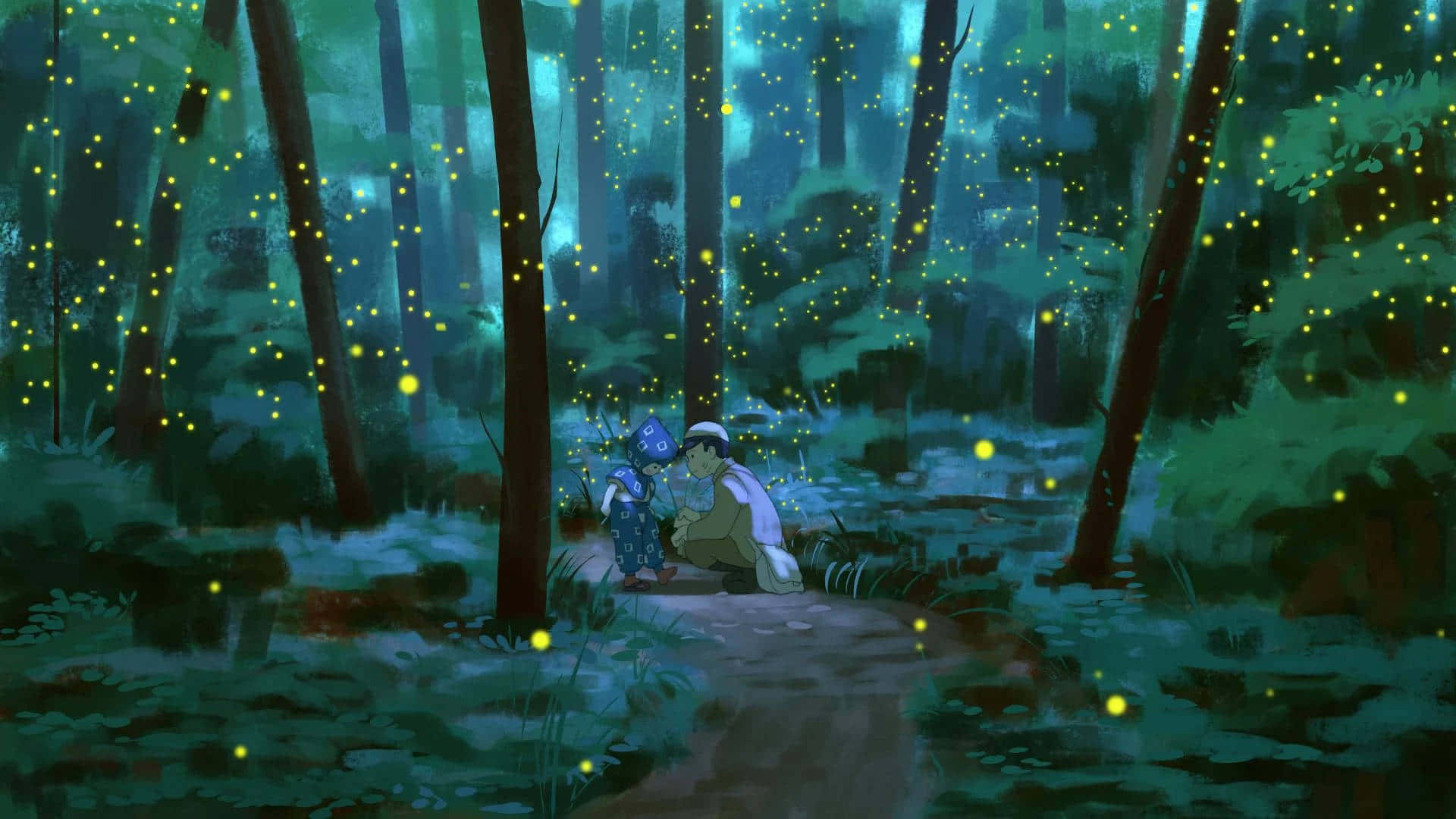 Studio Ghibli, glowing forest, night, Full HD Desktop Wallpaper
