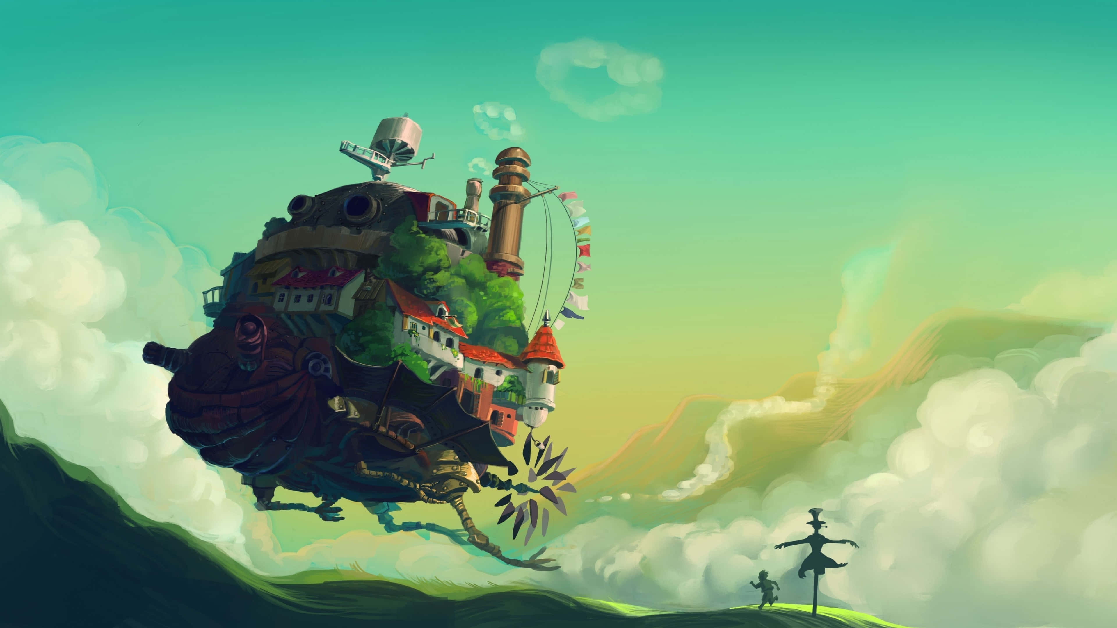 Studio Ghibli, floating island village, red-roofed houses, 4K Desktop Wallpaper