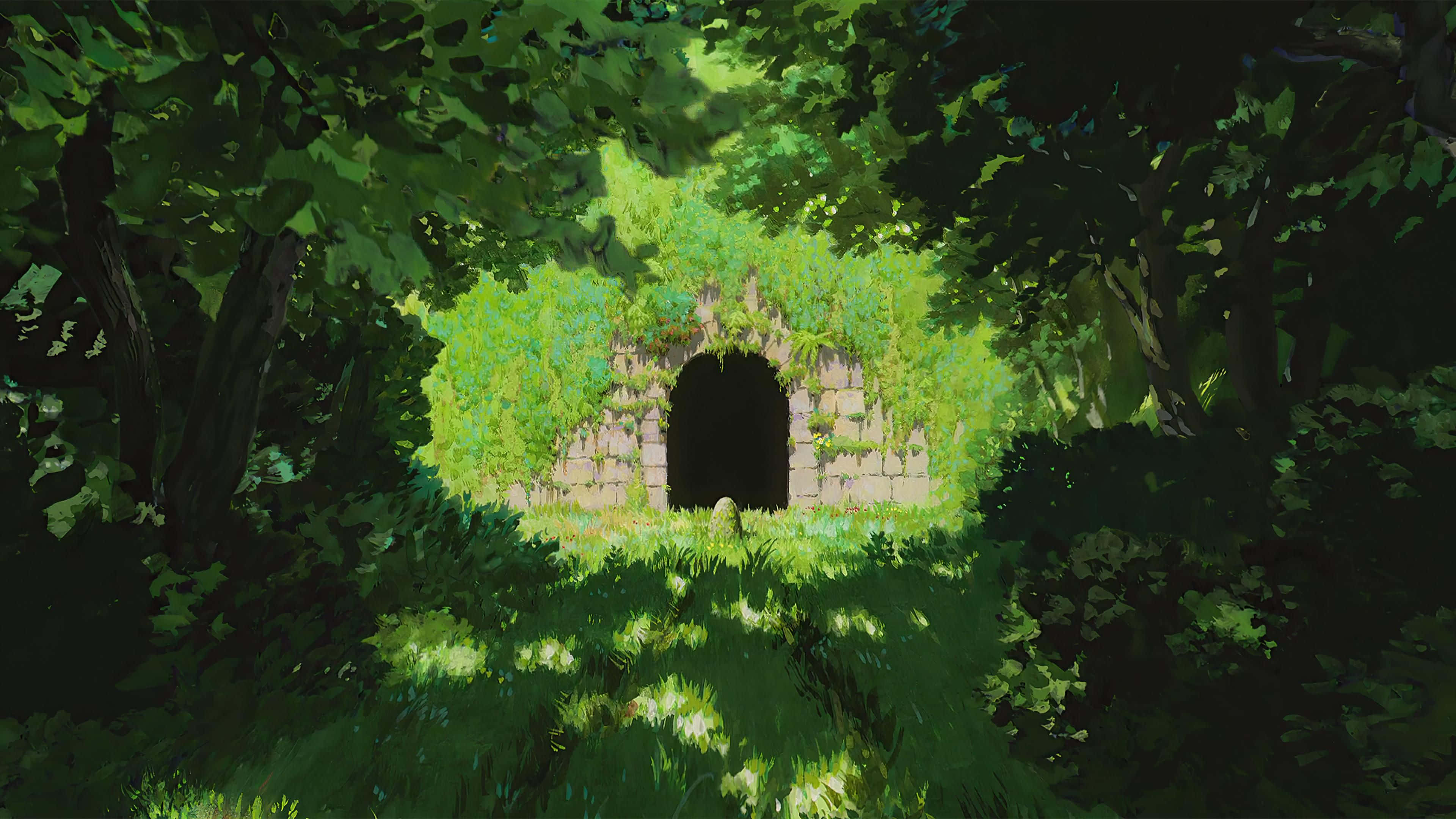 Studio Ghibli Aesthetic, mossy stone archway, sun-dappled forest, 4K Desktop Wallpaper