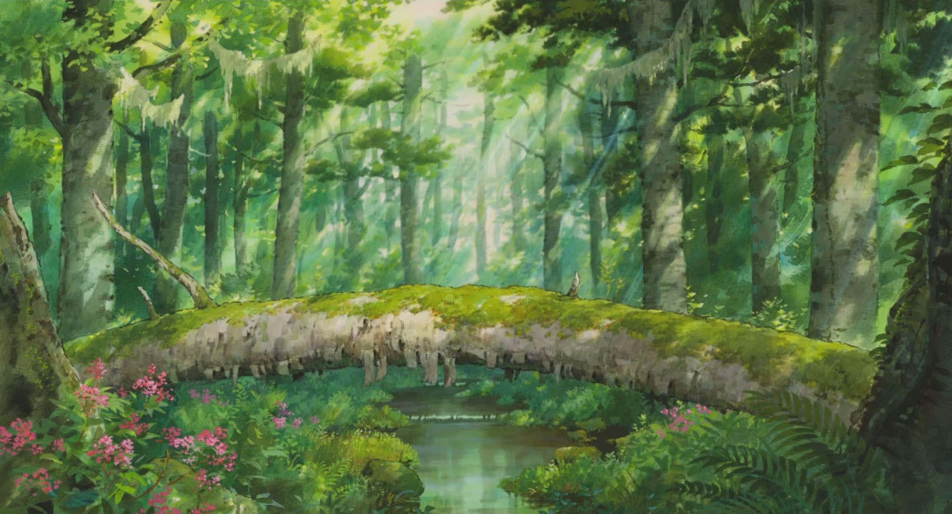 Studio Ghibli, mossy stone bridge, tranquil stream, Full HD Desktop Wallpaper