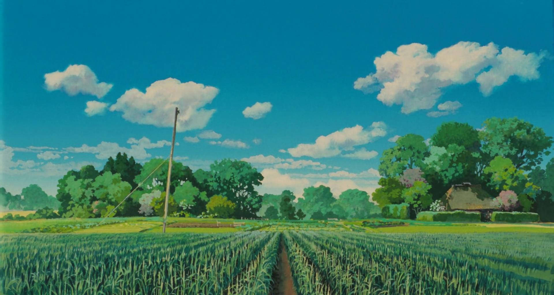 Studio Ghibli, green crops, rustic house, Full HD Desktop Wallpaper