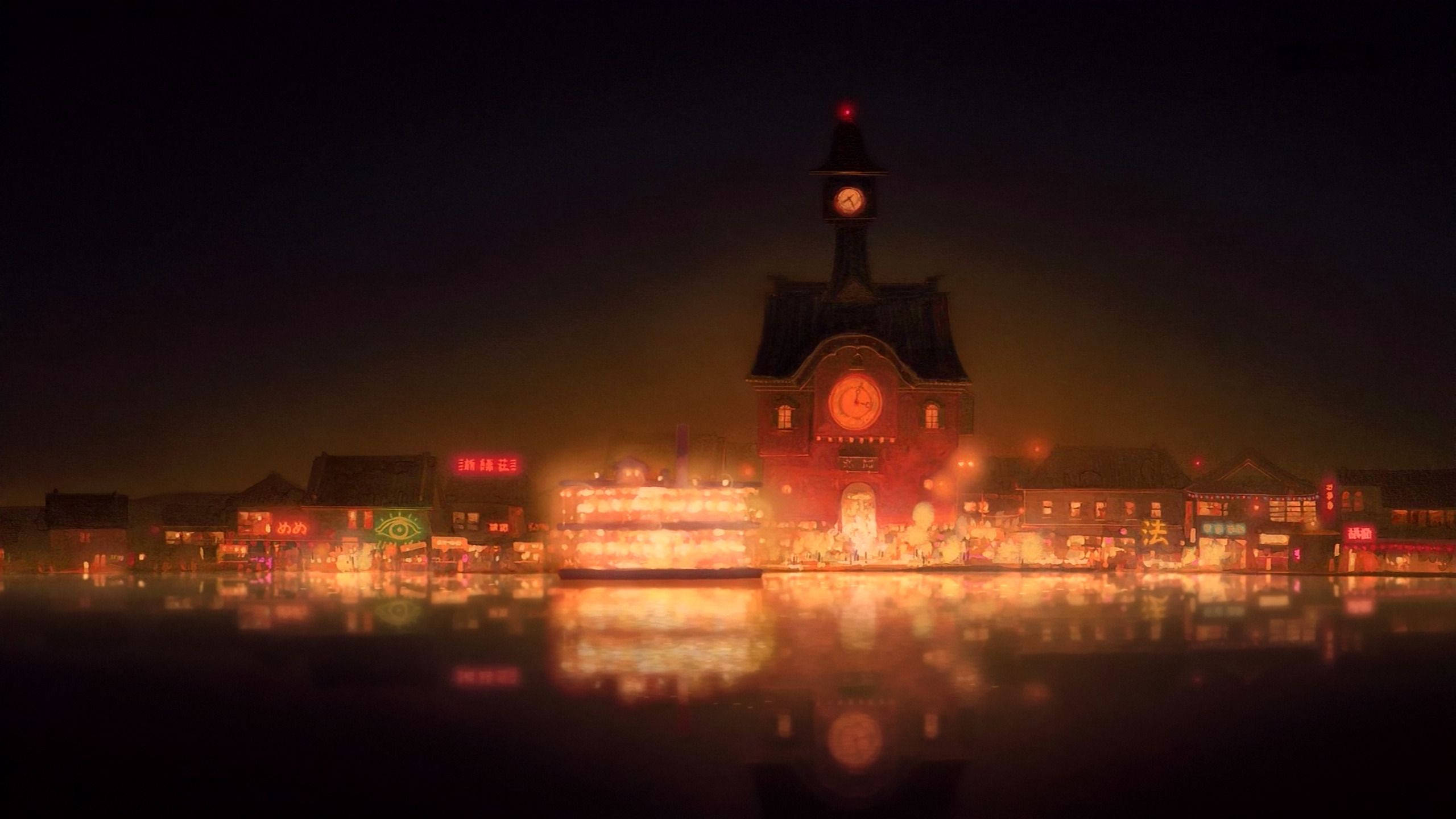 Studio Ghibli, skyline, night, 2K Desktop Wallpaper