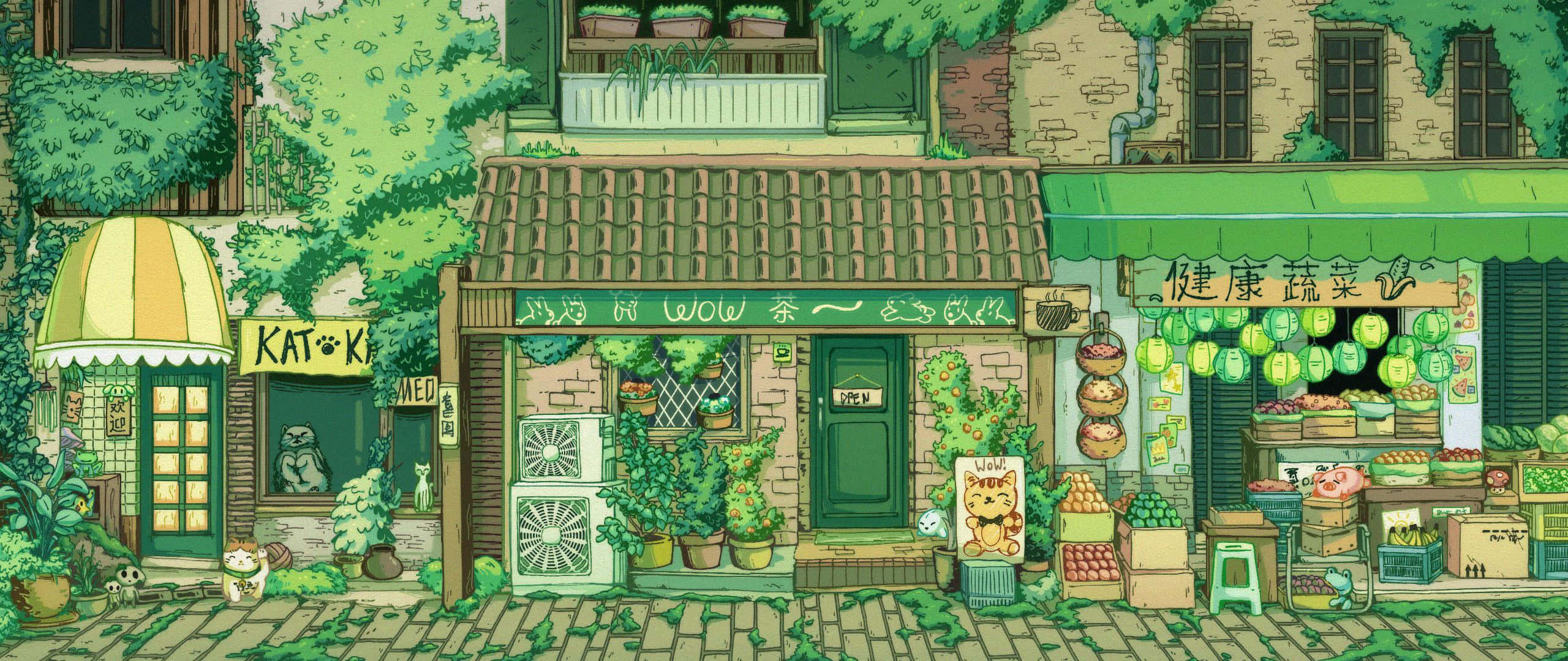 Studio Ghibli, street scene, greenery-covered buildings, 2K Desktop Wallpaper