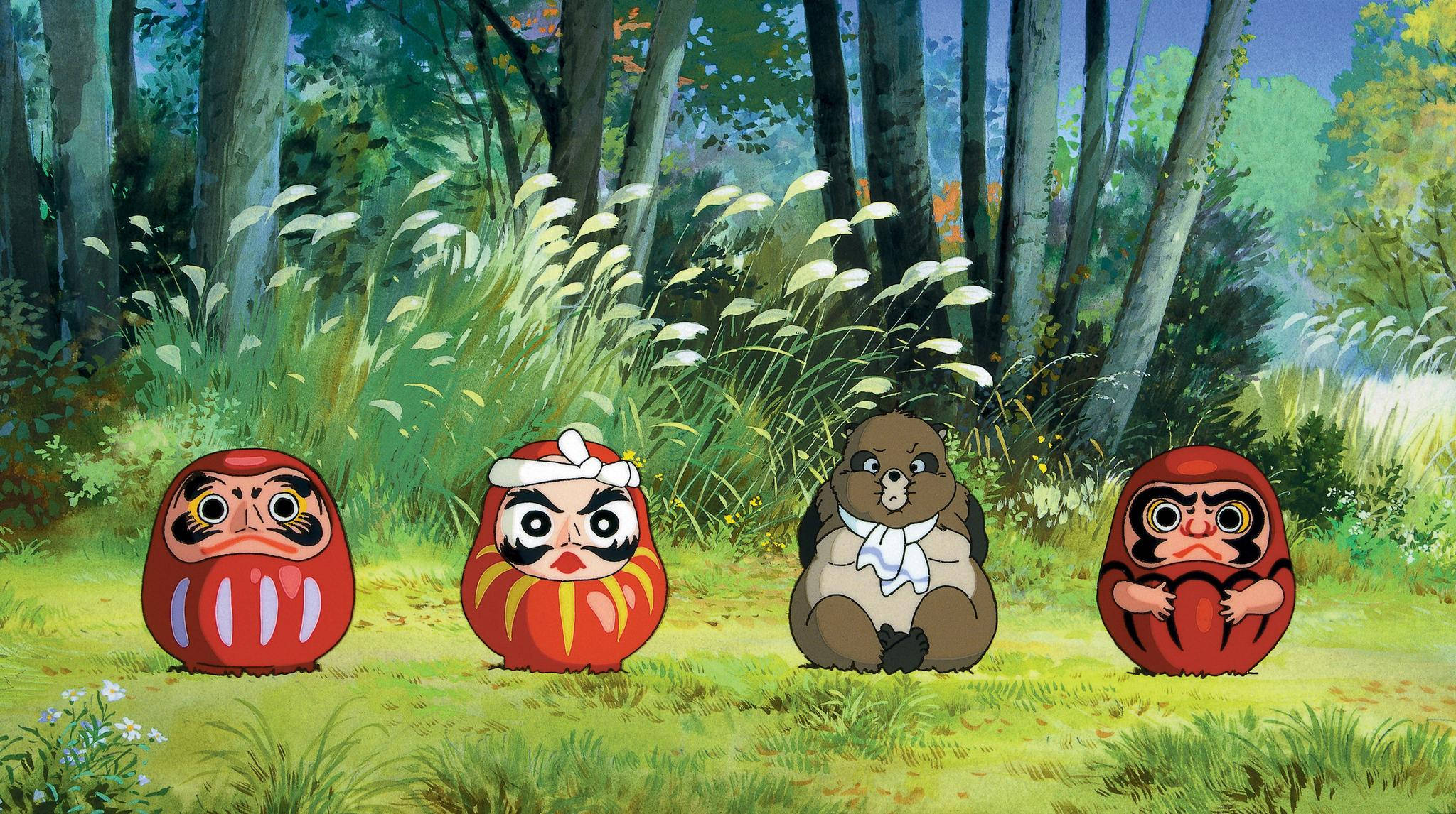 Studio Ghibli Desktop, Daruma dolls, sunlit forest clearing, Full HD Desktop Wallpaper