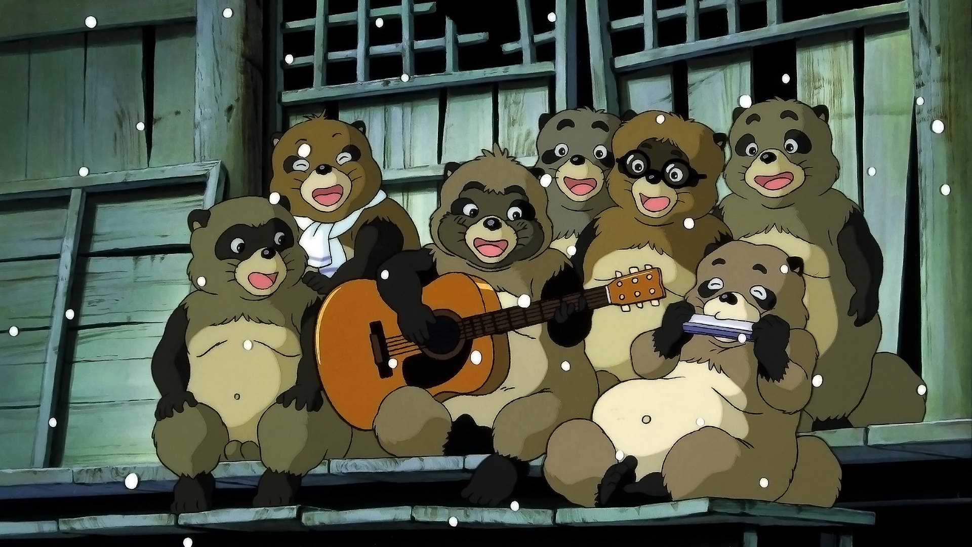 Studio Ghibli Desktop, raccoons, guitar, Full HD Desktop Wallpaper