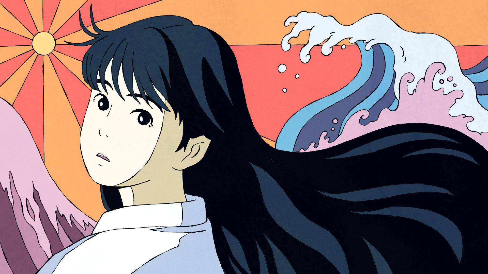 Studio Ghibli Desktop, ocean waves, young anime girl, Full HD Desktop Wallpaper