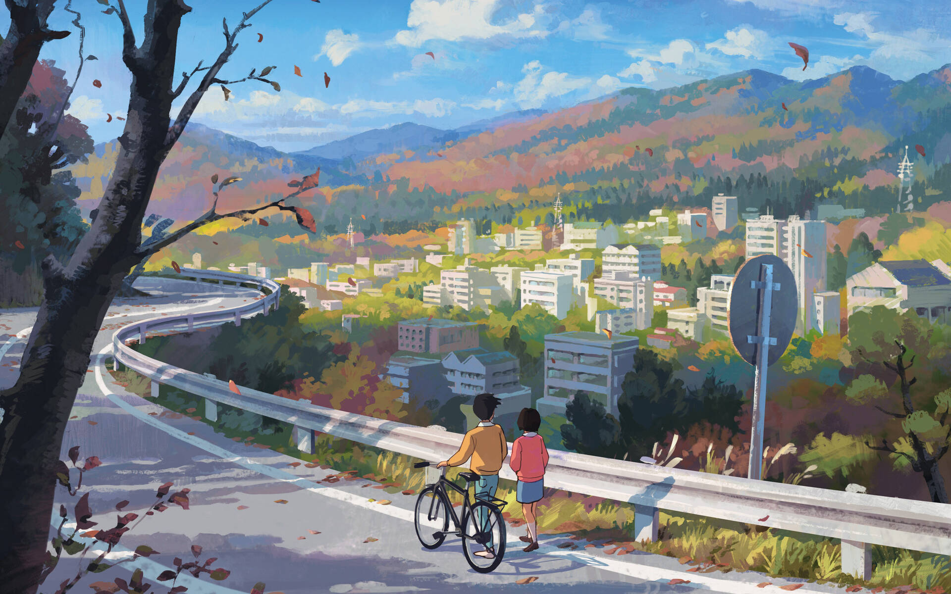Studio Ghibli Desktop, winding road, bicycles, Full HD Desktop Wallpaper