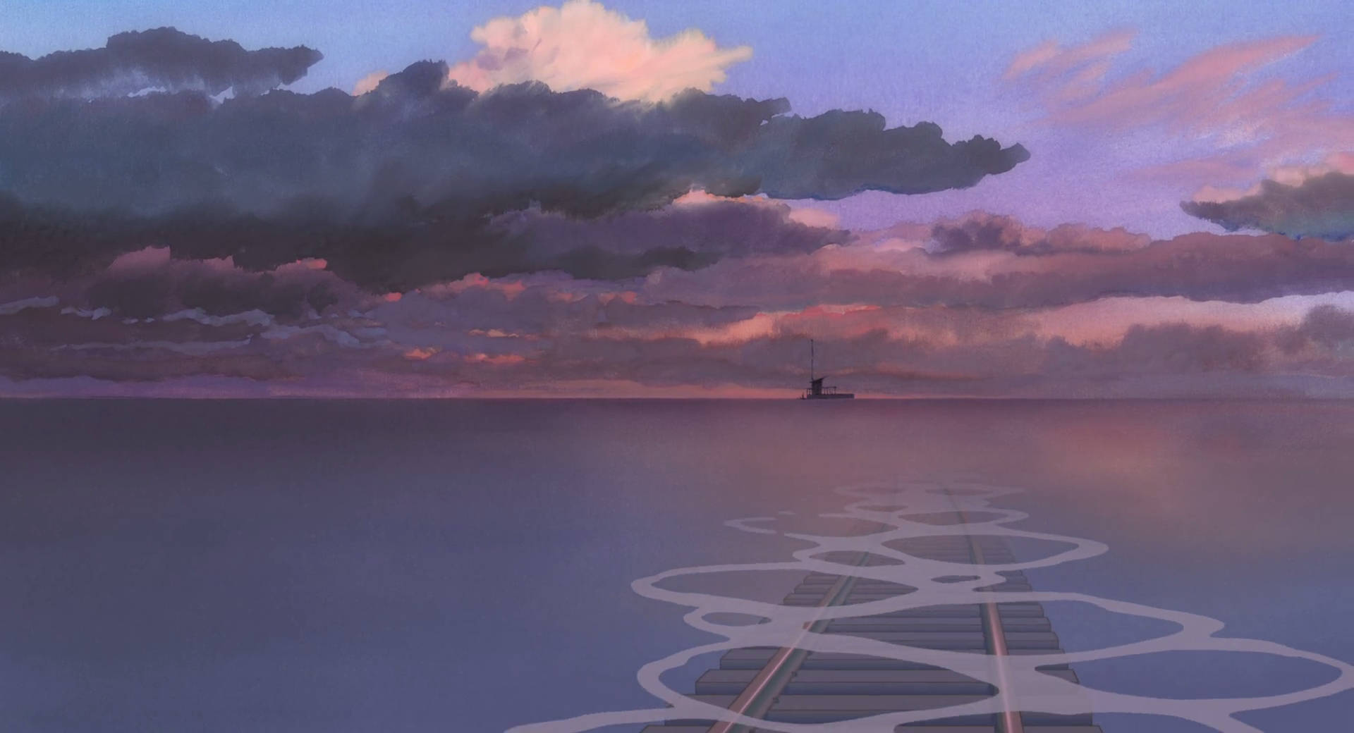 Studio Ghibli Desktop, sea railway, calm purple waters, Full HD Desktop Wallpaper