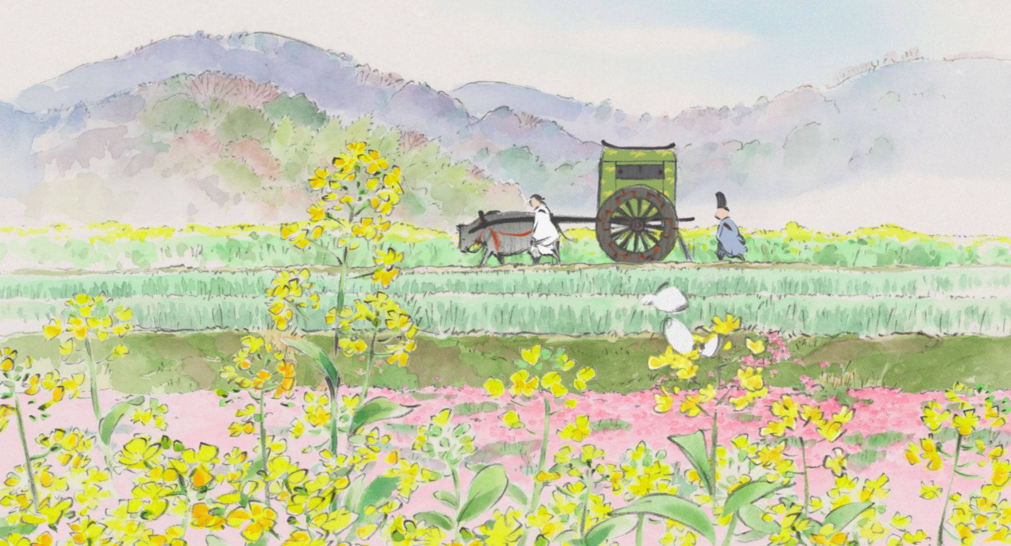 Studio Ghibli Desktop, flower field, yellow and pink flower fields, Full HD Desktop Wallpaper