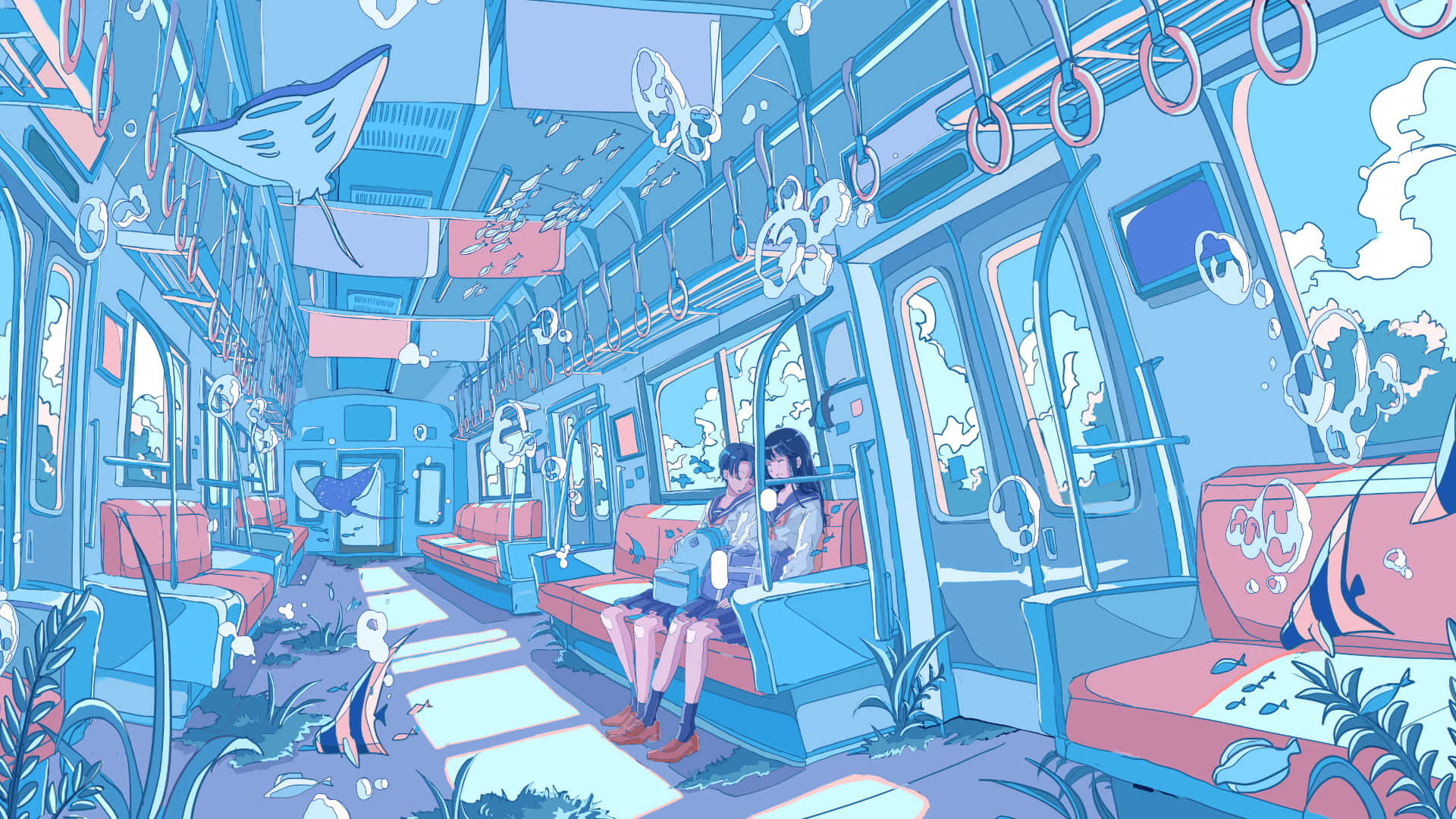 Studio Ghibli, anime girls, surreal blue train car, Full HD Desktop Wallpaper