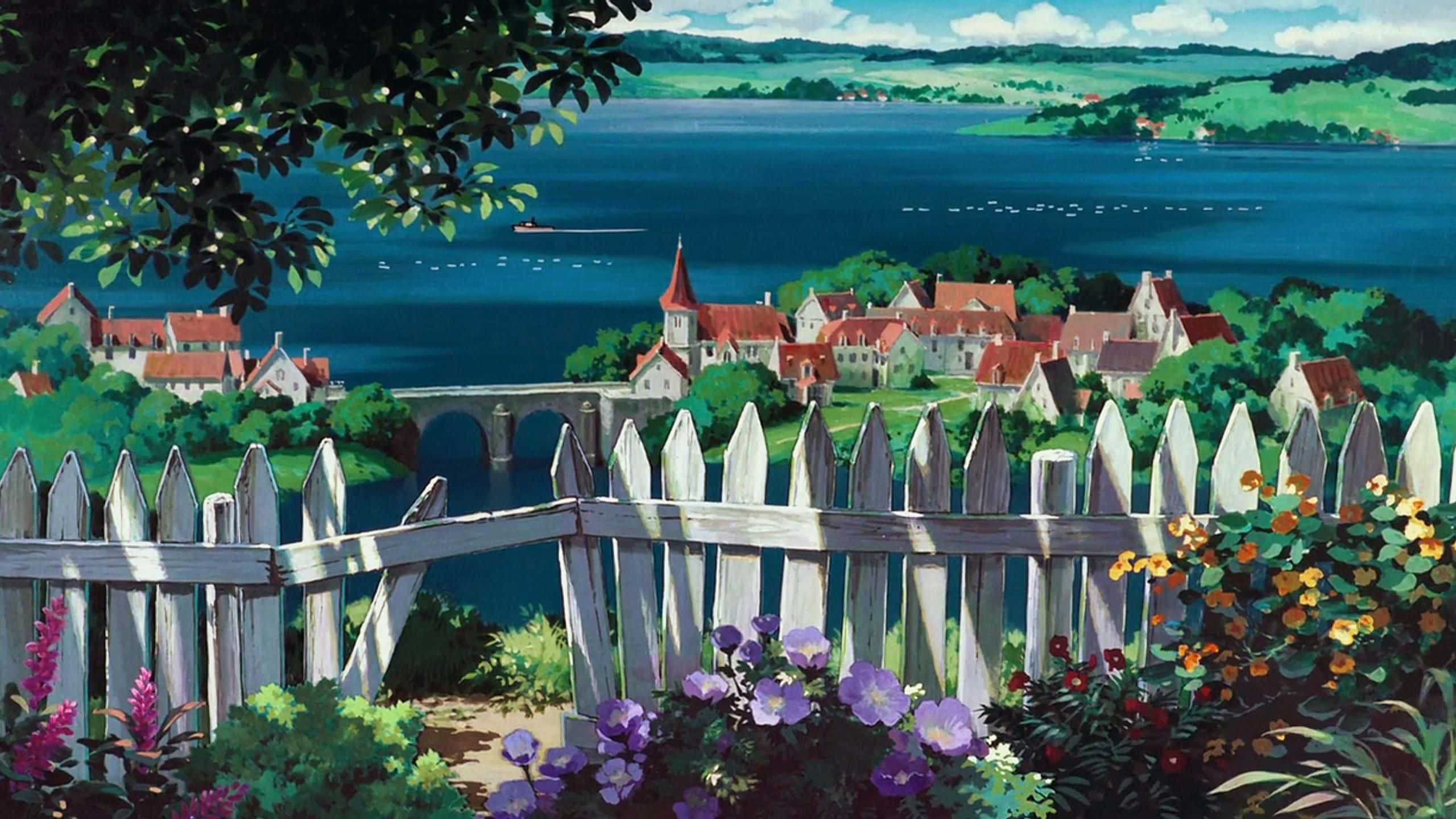 Studio Ghibli, red-roofed houses, deep blue lake, 2K Desktop Wallpaper