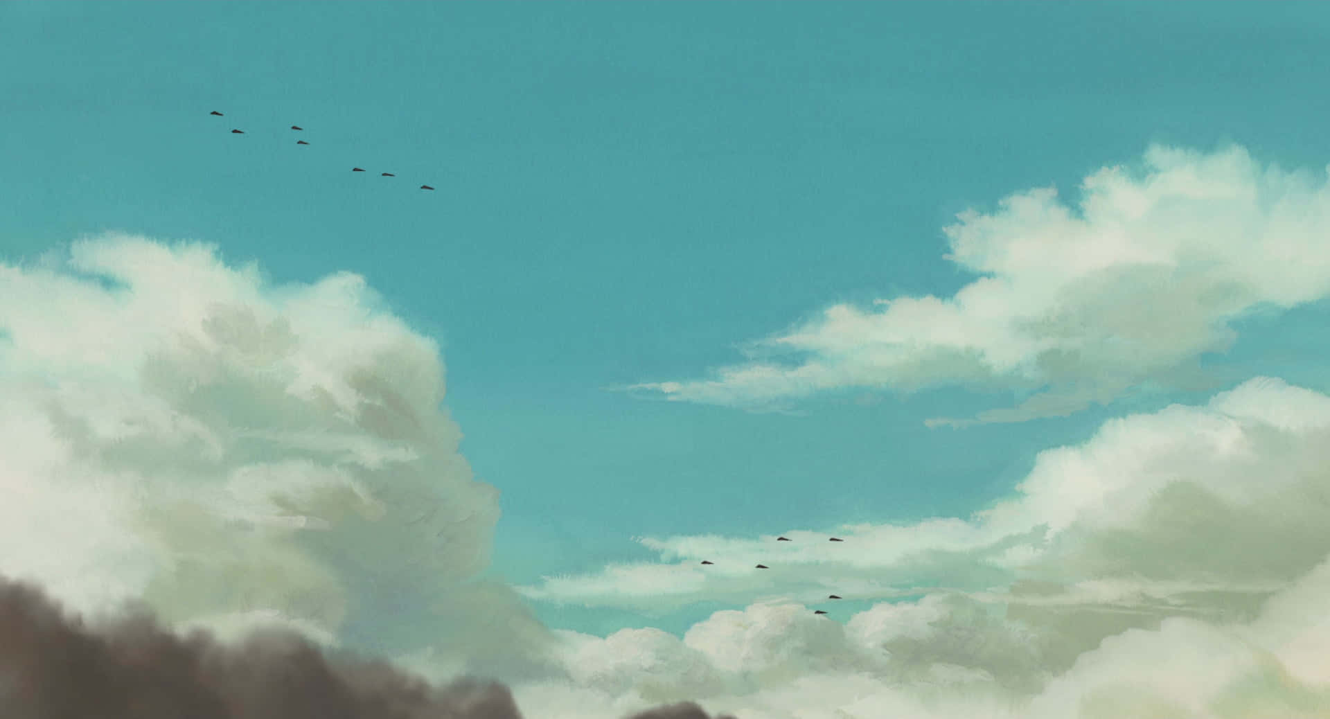 Studio Ghibli aesthetic, teal sky, fluffy white clouds, Full HD Desktop Wallpaper