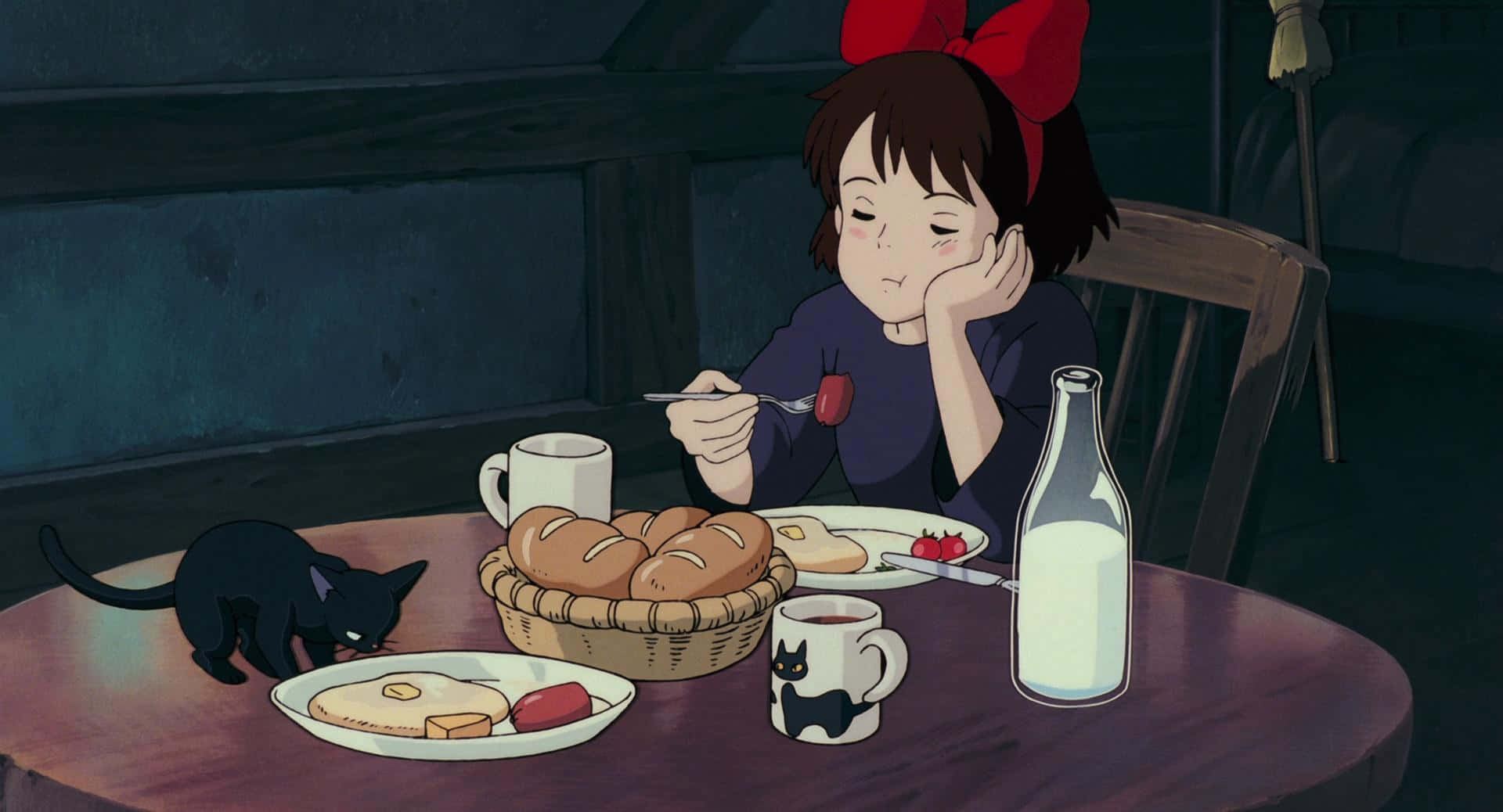 Studio Ghibli, red bow, black cat, Full HD Desktop Wallpaper