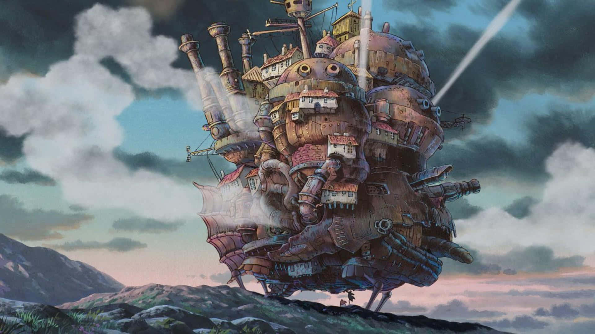 Studio Ghibli, floating airship city, rocky landscape, Full HD Desktop Wallpaper