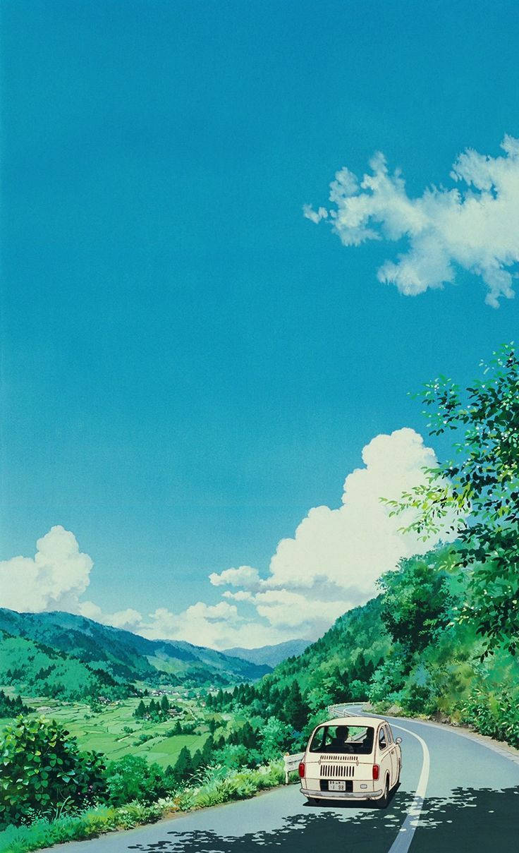 Studio Ghibli, iPhone, vintage white car, SD Phone Wallpaper