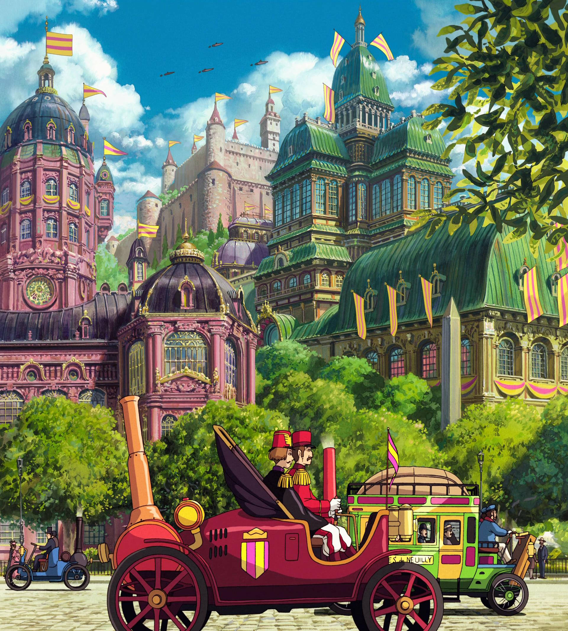 Studio Ghibli, iPhone, pink and green buildings, Full HD Phone Wallpaper
