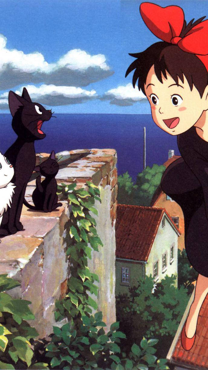 Studio Ghibli, red bow, black cats, SD Phone Wallpaper