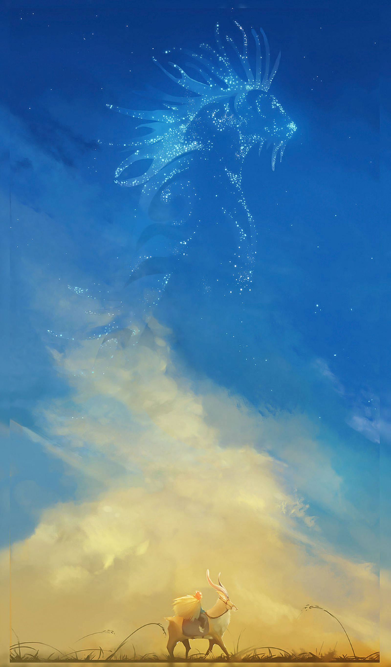 Studio Ghibli, deer, glowing blue celestial lion, 2K Phone Wallpaper