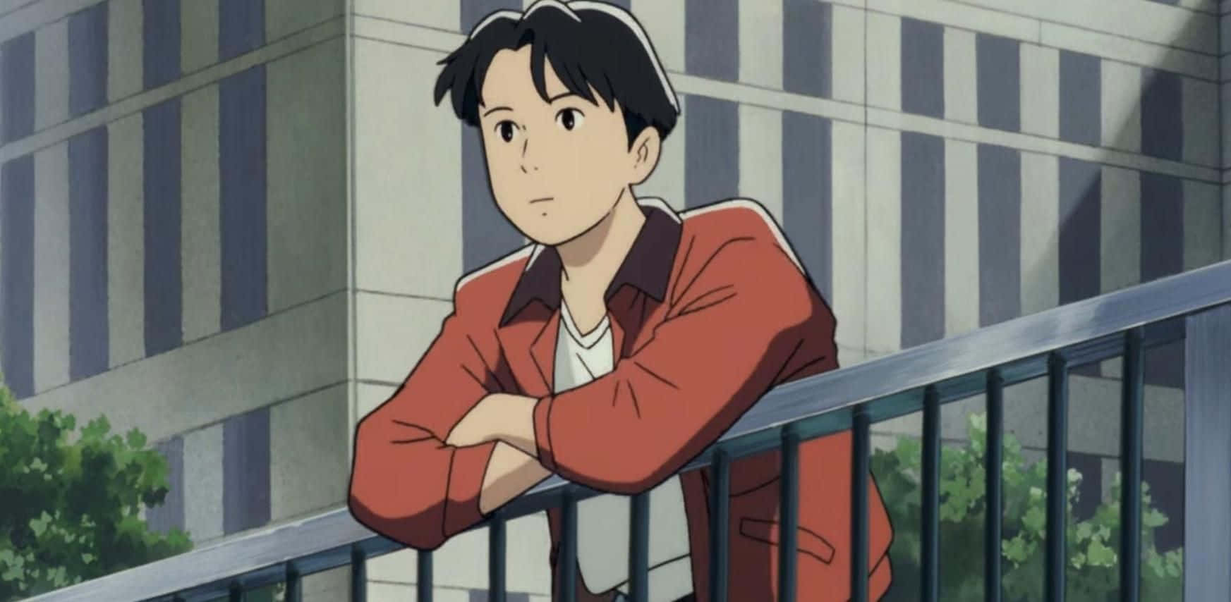 Studio Ghibli Ocean Waves, red jacket, balcony railing, HD Desktop Wallpaper